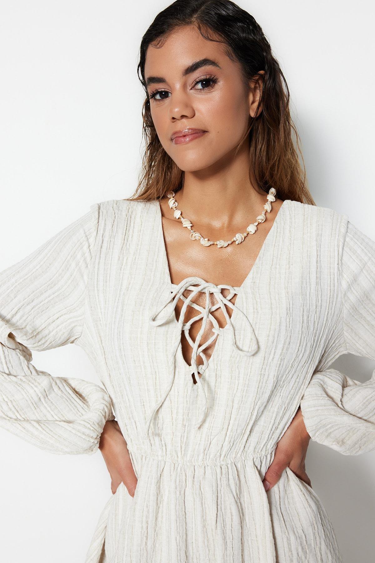 White V-Neck Smock Dress, , large image number 1