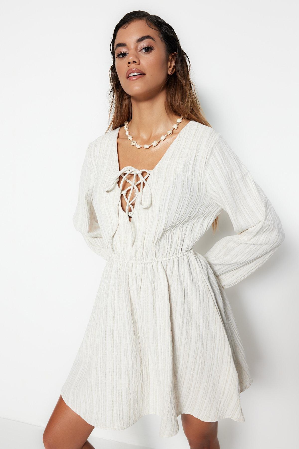 White V-Neck Smock Dress, , large image number 2