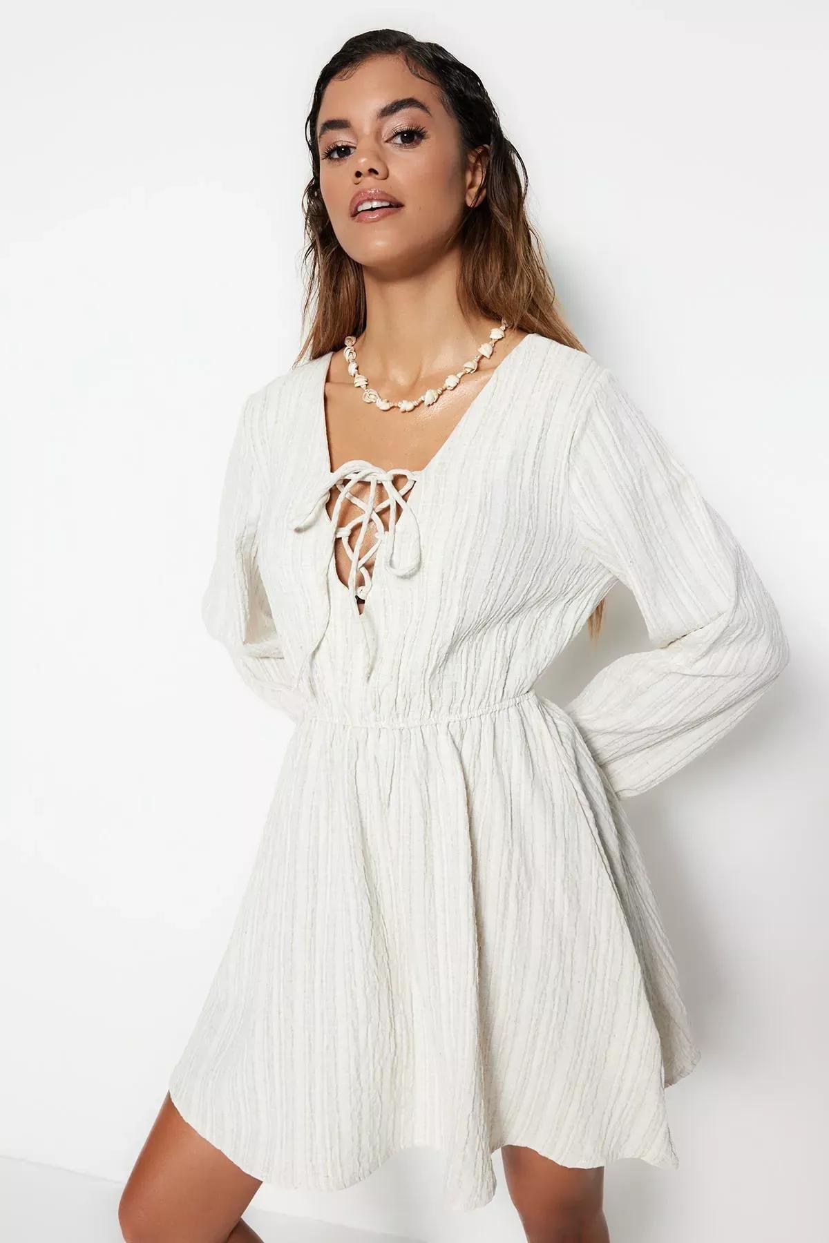 White V-Neck Smock Dress, Ecru, large image number 2