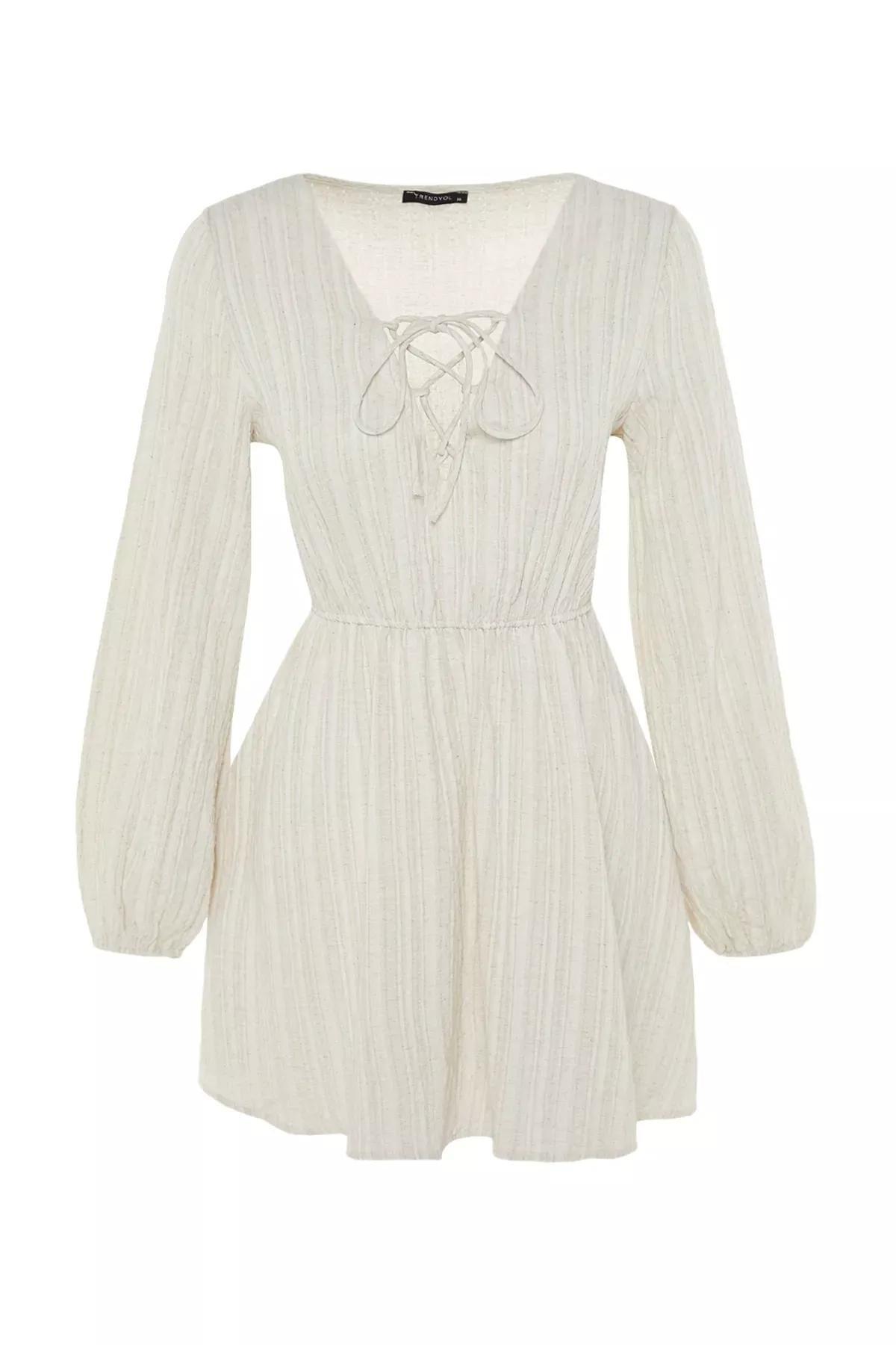White V-Neck Smock Dress, , large image number 5