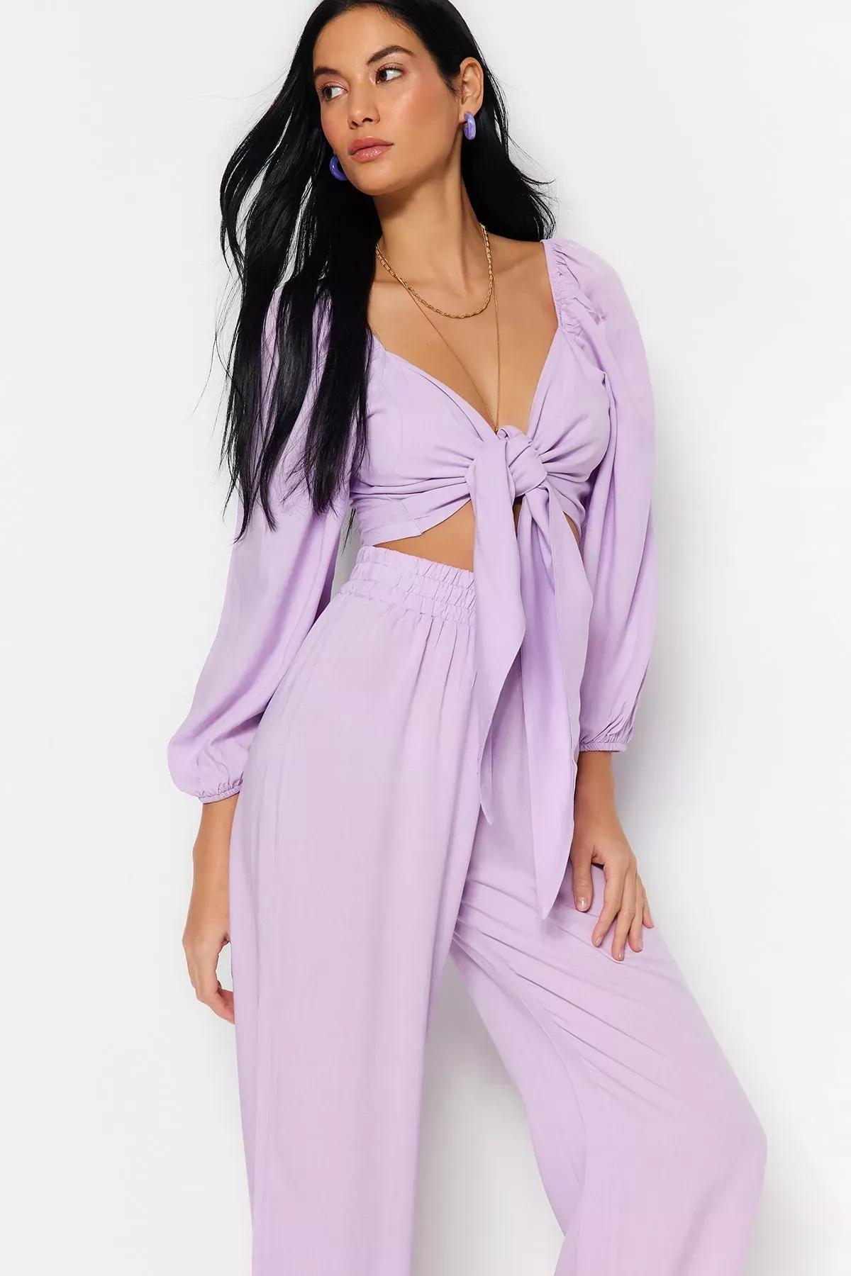Purple V-Neck Co-Ord Set, Purple, large image number 1