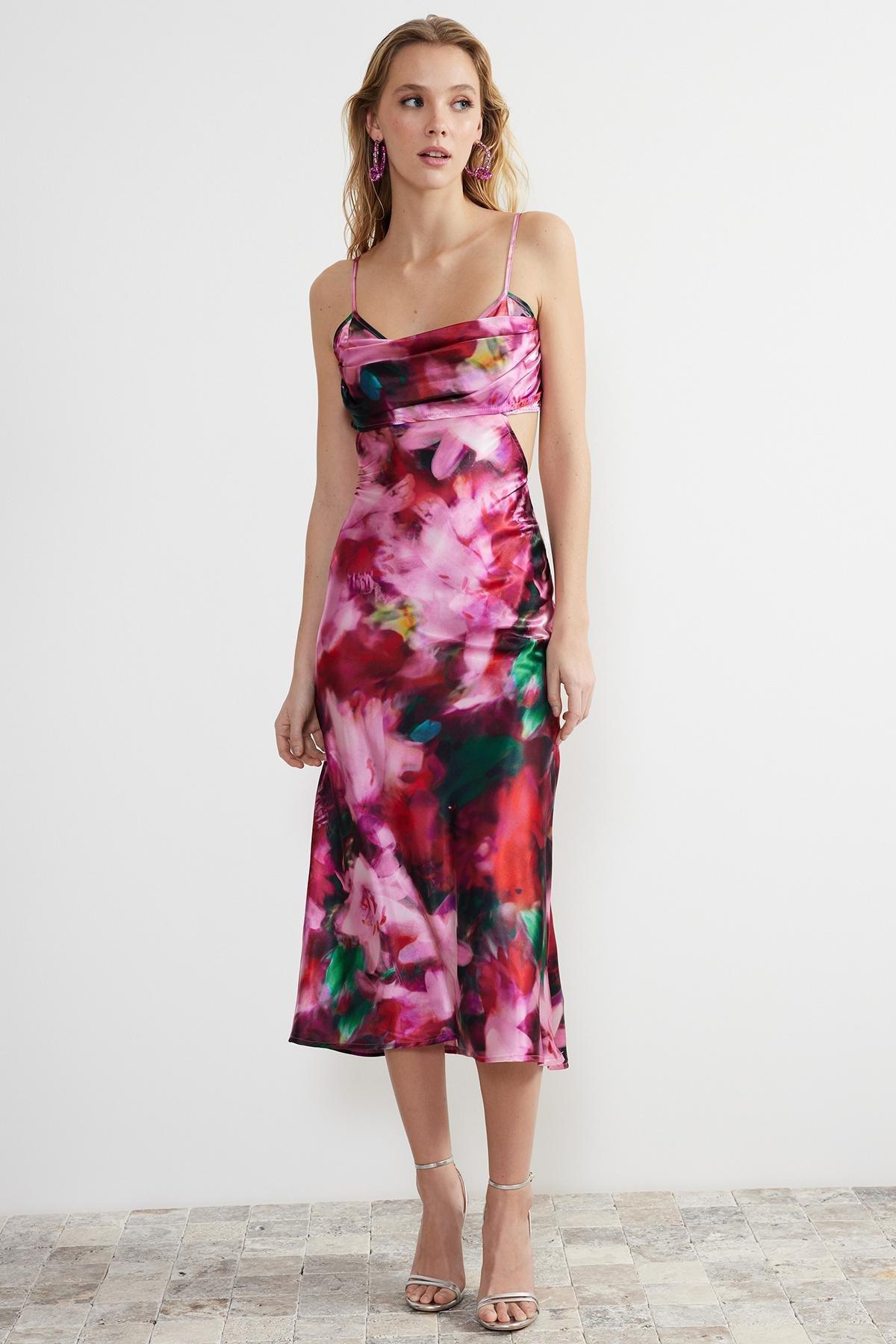 Multicolour Satin Floral Patterned Occasionwear Dress, , large image number 0