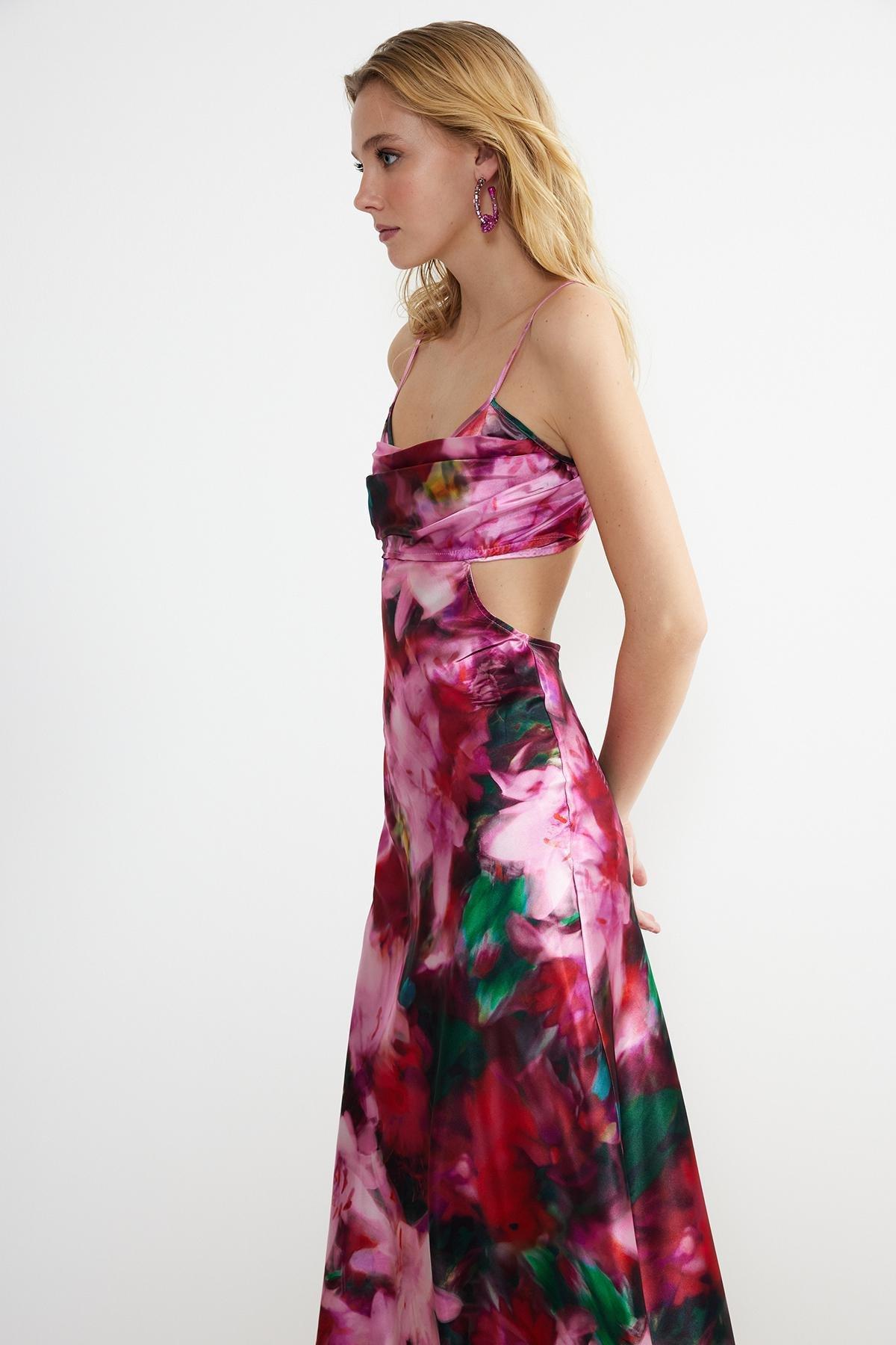 Multicolour Satin Floral Patterned Occasionwear Dress, , large image number 1