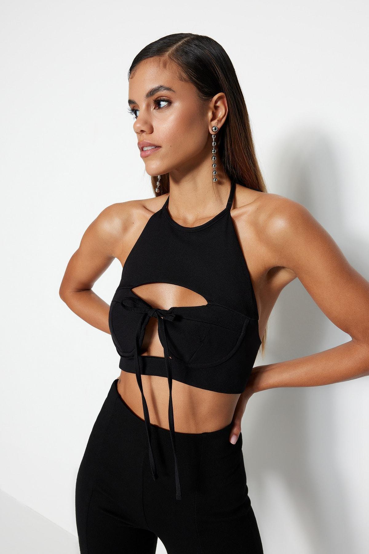 Black Plain Crop Top, , large image number 6