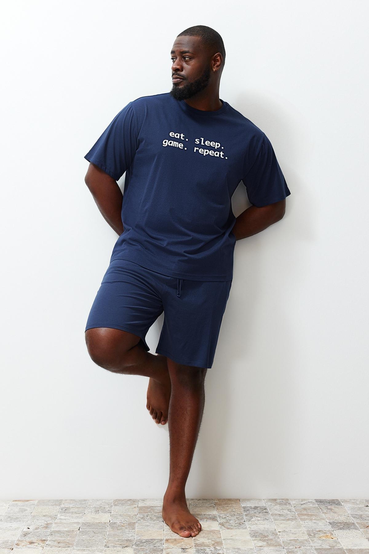 Trendyol - Navy Printed Plus Size Pajama Set