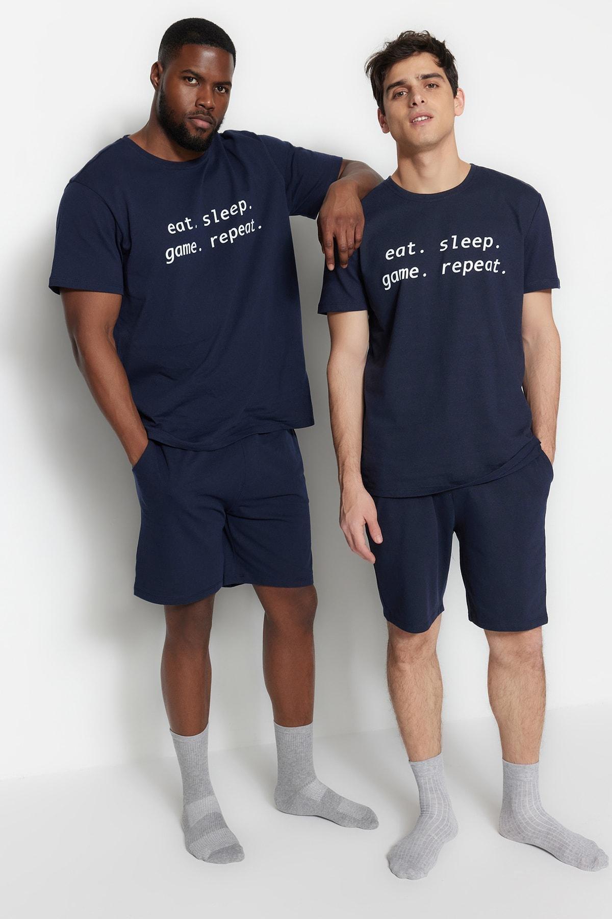 Trendyol - Navy Printed Plus Size Pajama Set