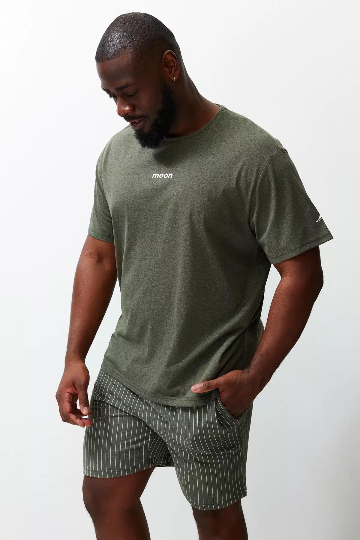 Khaki Plus Size Knitted Pyjama Set, Khaki, medium