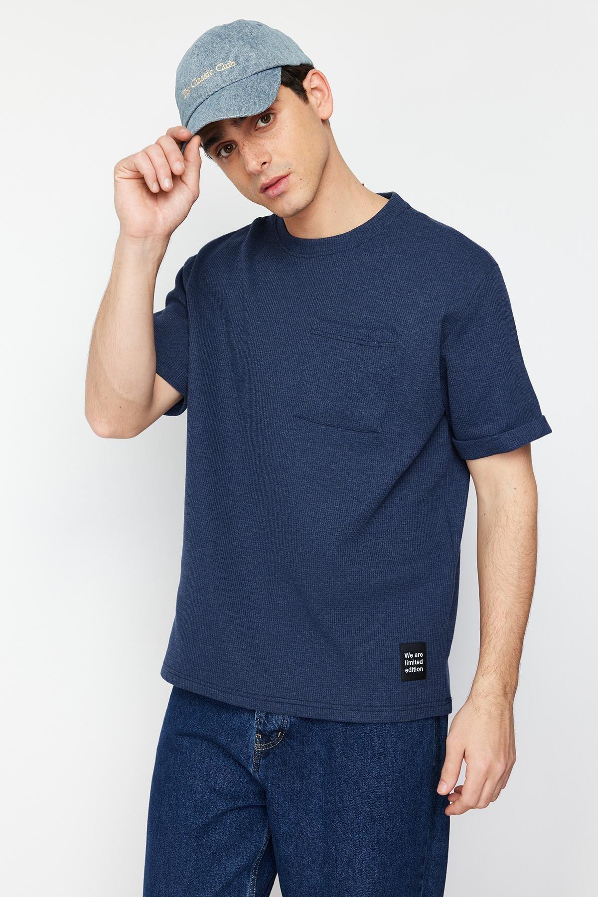 Navy Oversized Patterned T Shirt, , medium
