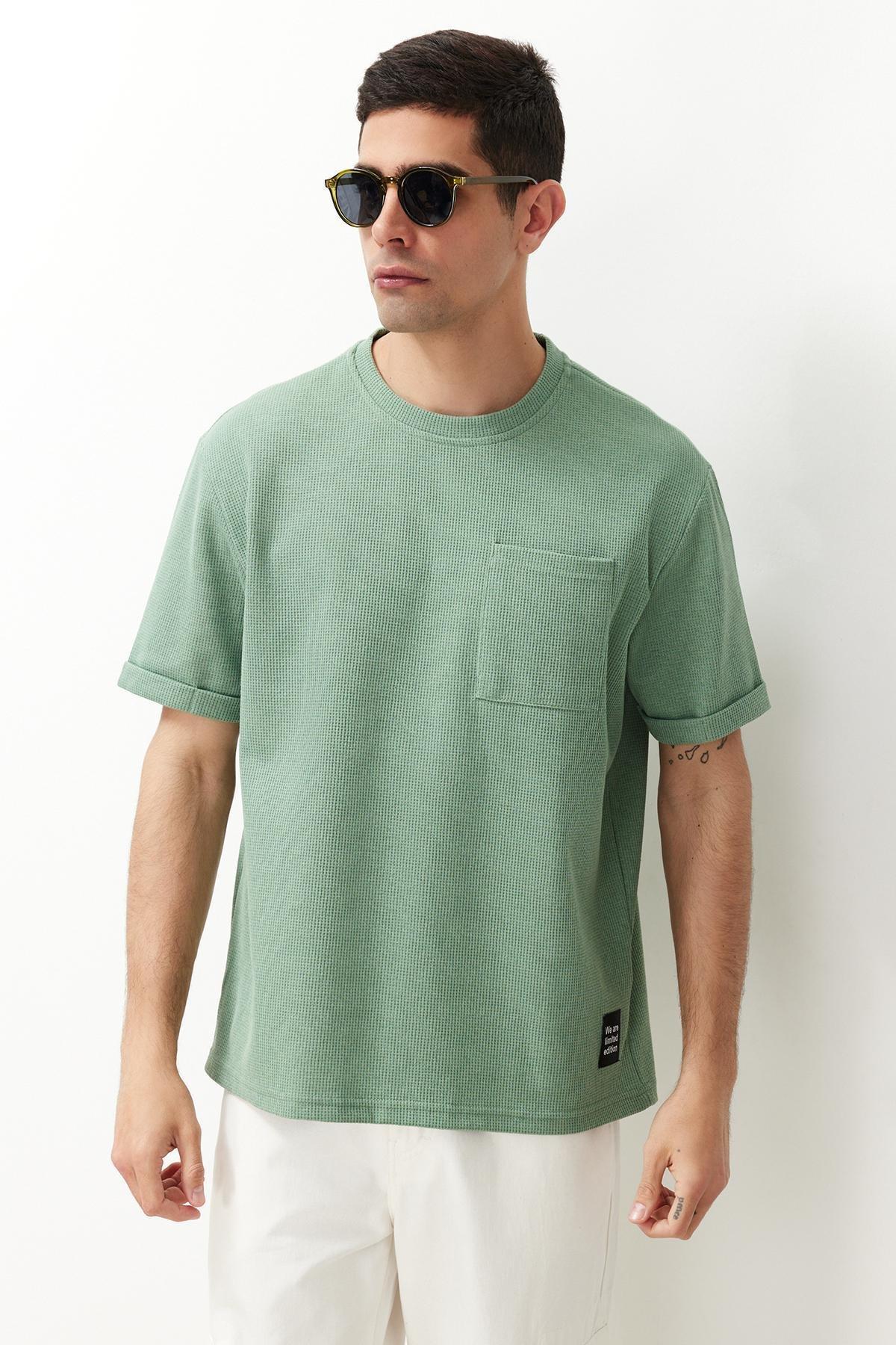 Basic Mint Relaxed/Relaxed Cut Textured Waffle Pocket Labeled Short Sleeve T-Shirt TMNSS23TS00077, single, , large image number 0