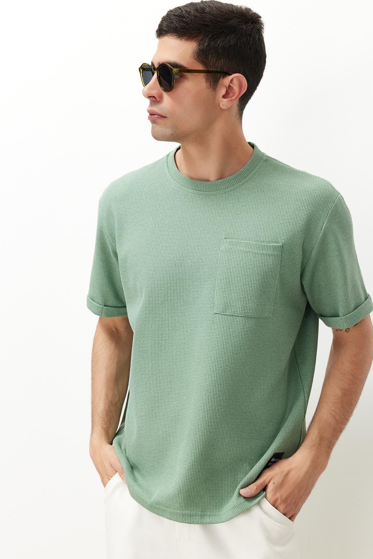 Basic Mint Relaxed/Relaxed Cut Textured Waffle Pocket Labeled Short Sleeve T-Shirt TMNSS23TS00077, single, , large image number 1