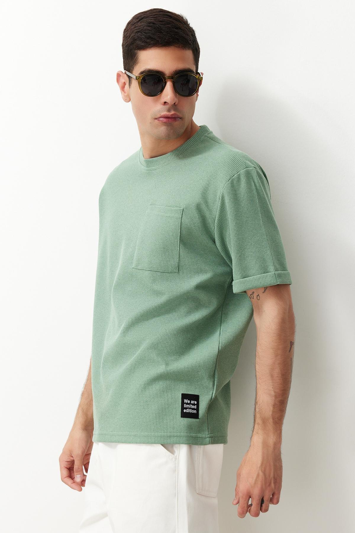 Basic Mint Relaxed/Relaxed Cut Textured Waffle Pocket Labeled Short Sleeve T-Shirt TMNSS23TS00077, single, , large image number 2