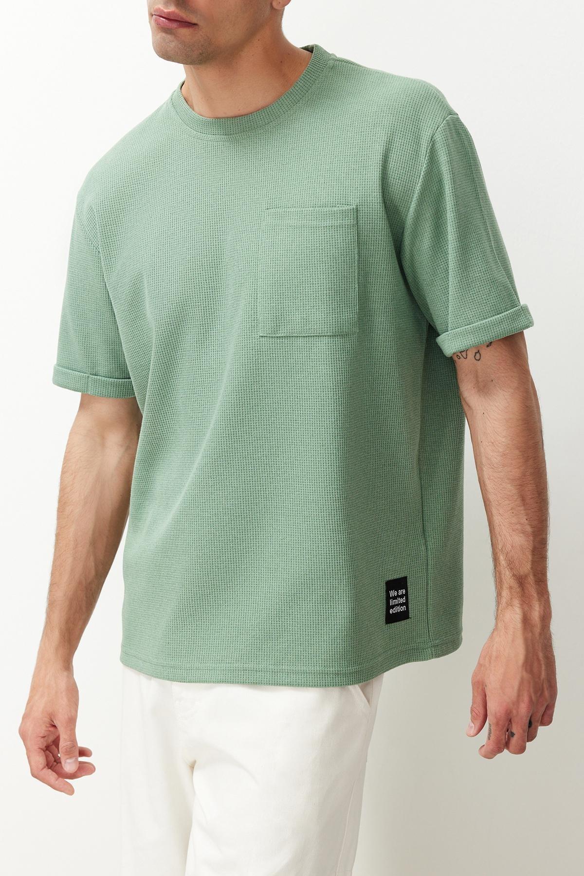 Basic Mint Relaxed/Relaxed Cut Textured Waffle Pocket Labeled Short Sleeve T-Shirt TMNSS23TS00077, single, , large image number 4
