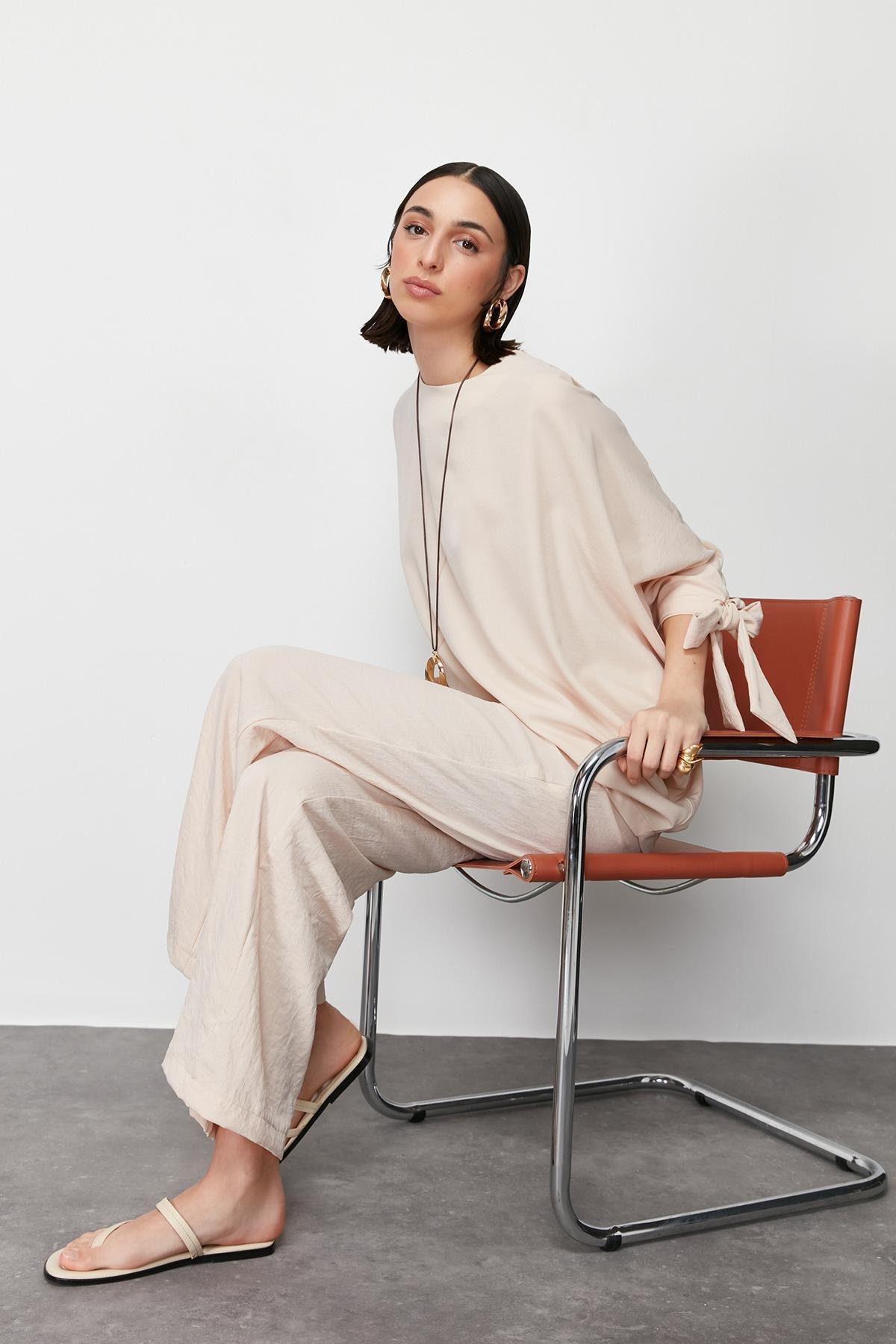 Beige Bat Sleeve Pants Suit, , large image number 2