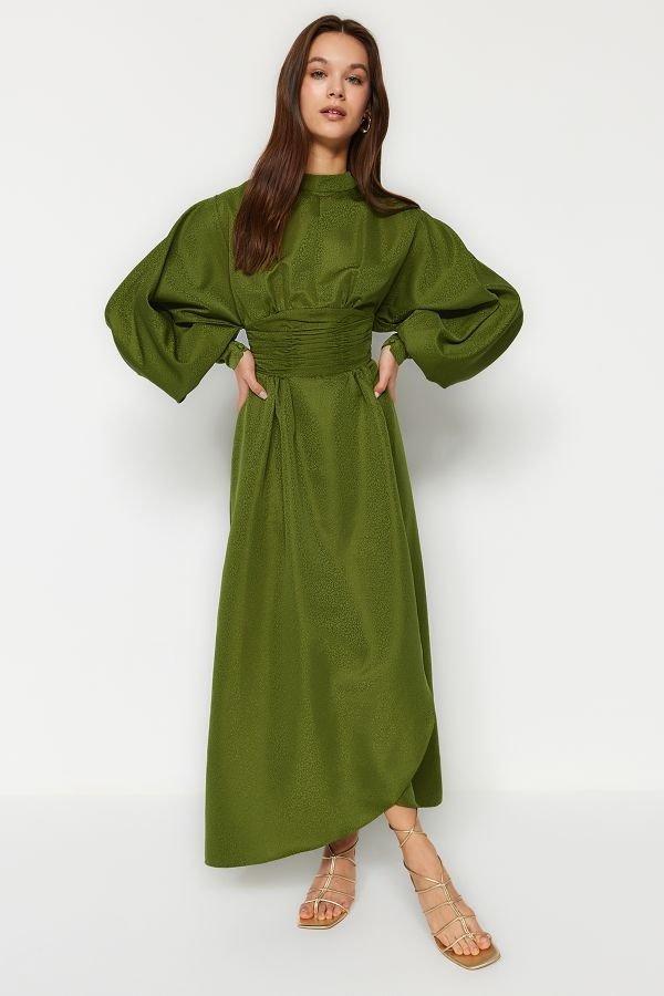 Green Fitted Jacquard Satin Floral Woven, , large image number 1