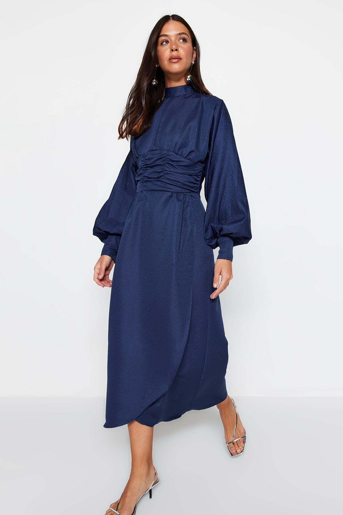 Navy A-Line Floral Evening Dress, , medium