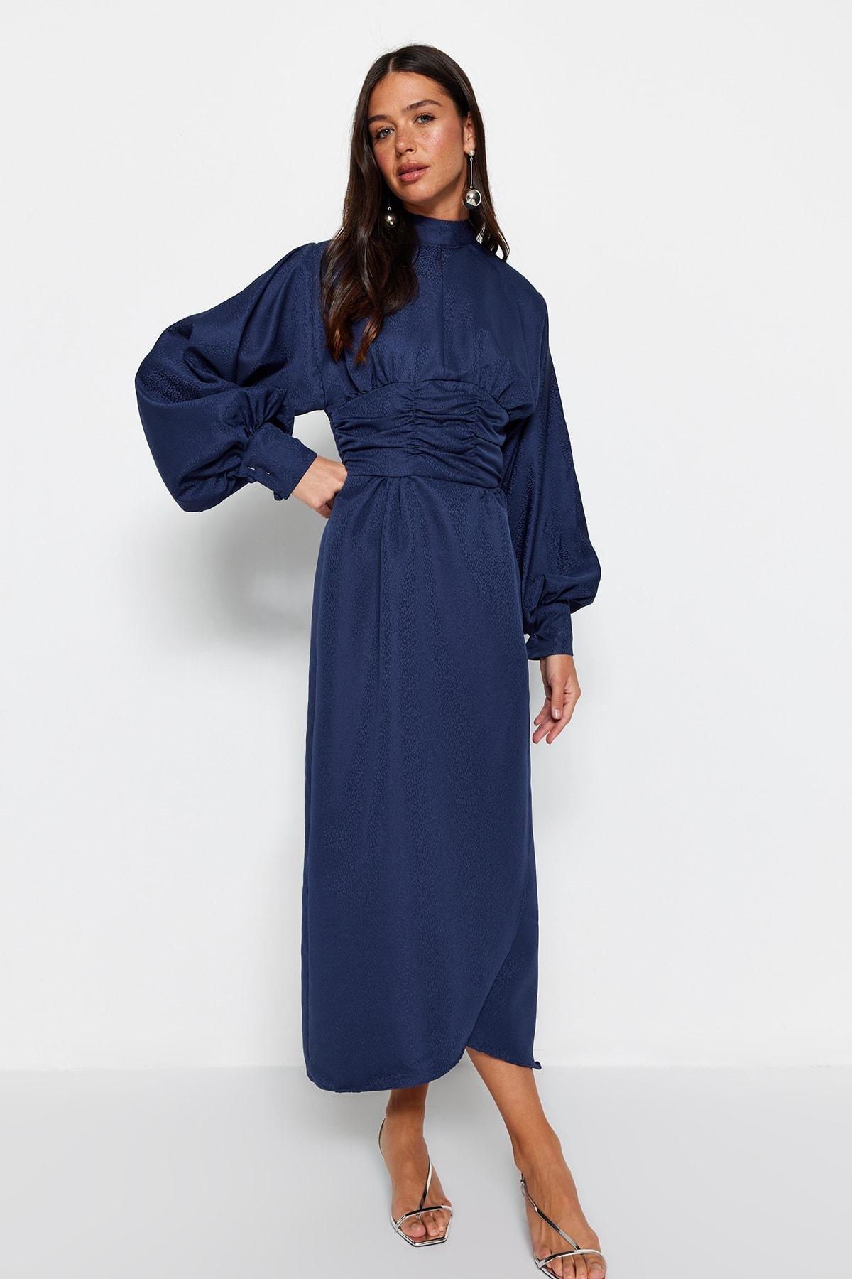 Navy A-Line Floral Evening Dress, , large image number 1