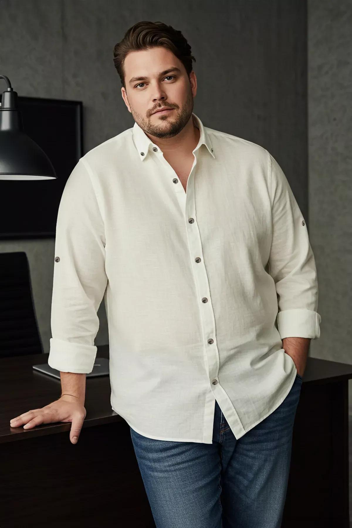 Beige Plus-Size Casual Button-Down Collar Shirt, STONE, medium