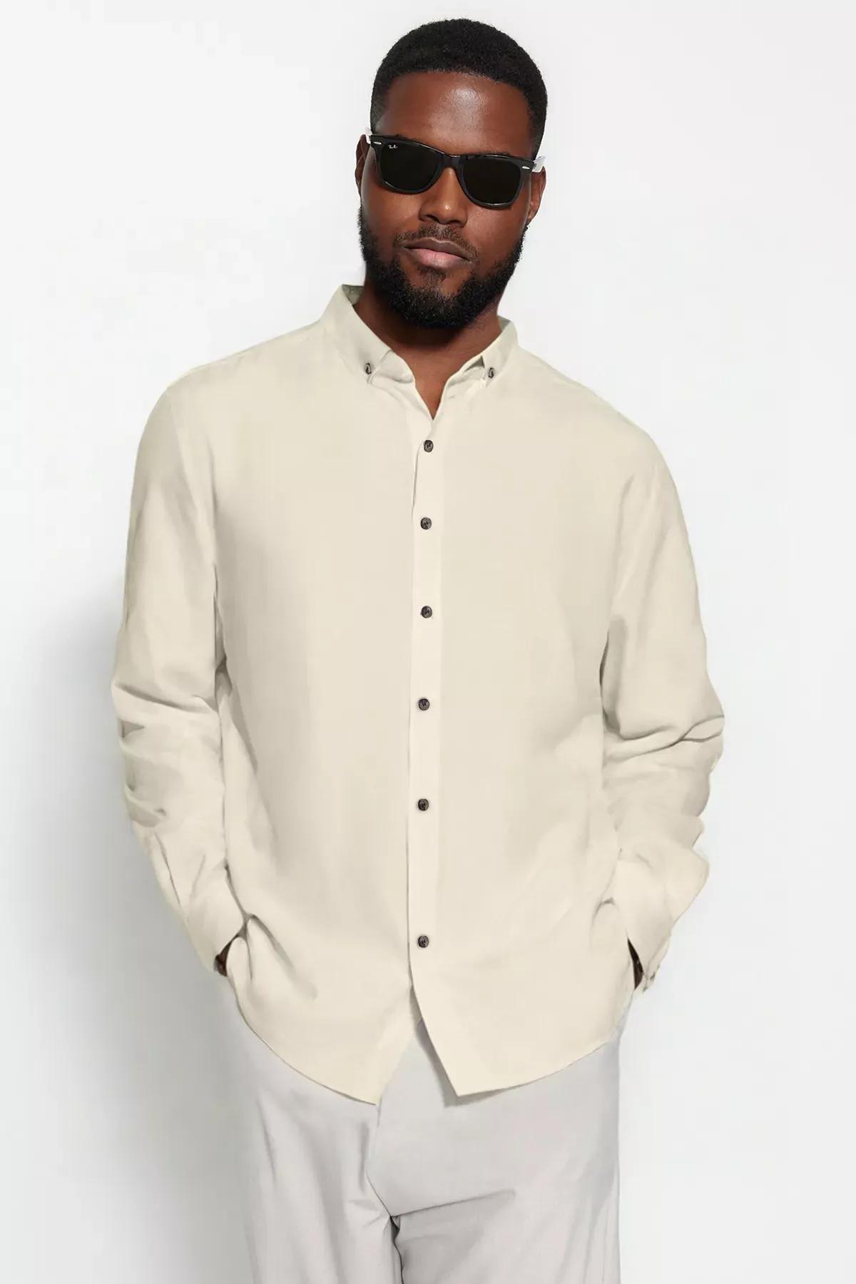 Beige Plus-Size Casual Button-Down Collar Shirt, STONE, large image number 1