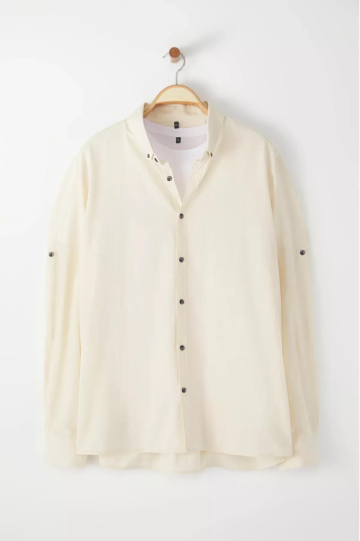Beige Plus-Size Casual Button-Down Collar Shirt, STONE, large image number 3