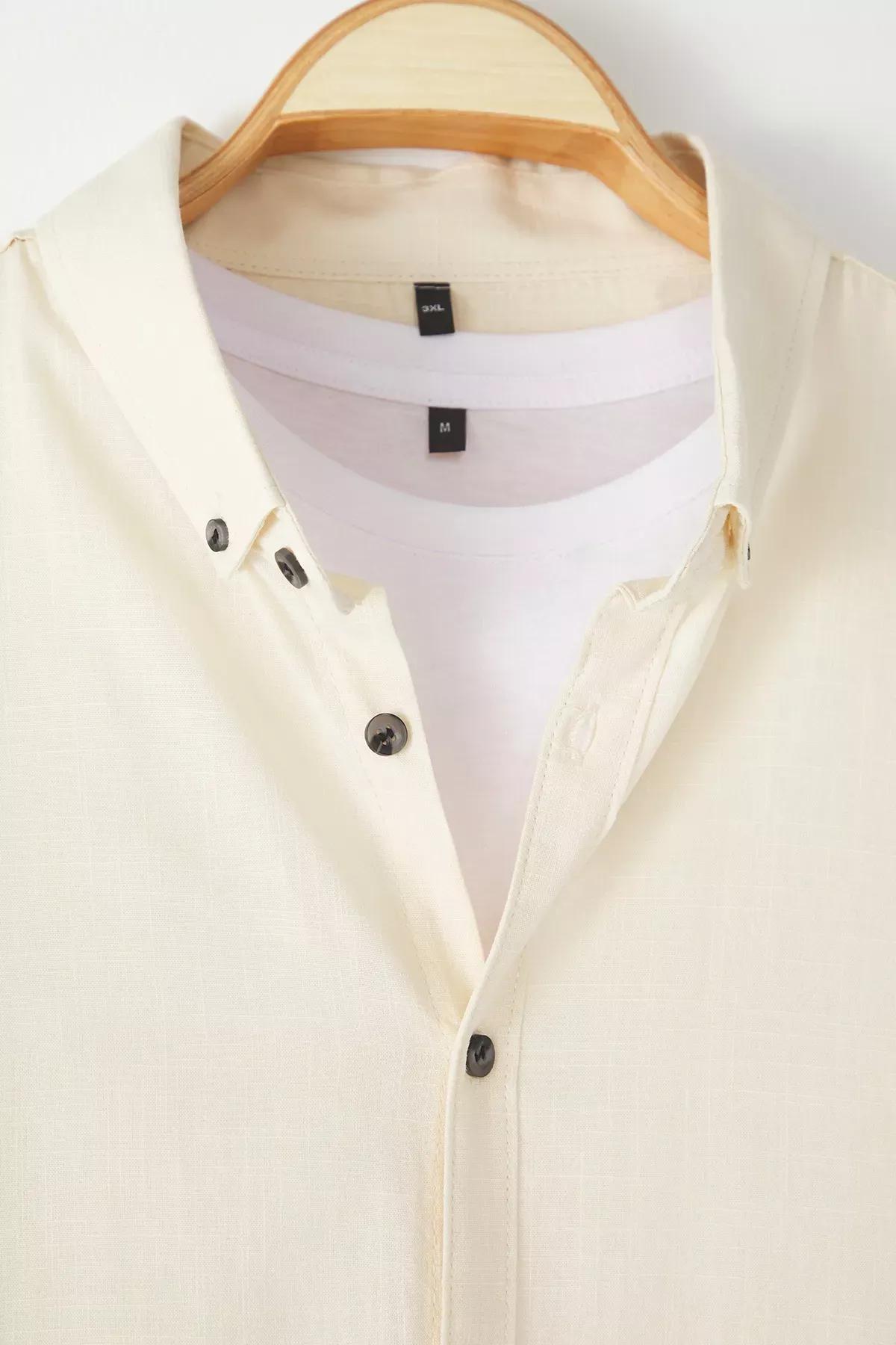 Beige Plus-Size Casual Button-Down Collar Shirt, STONE, large image number 4