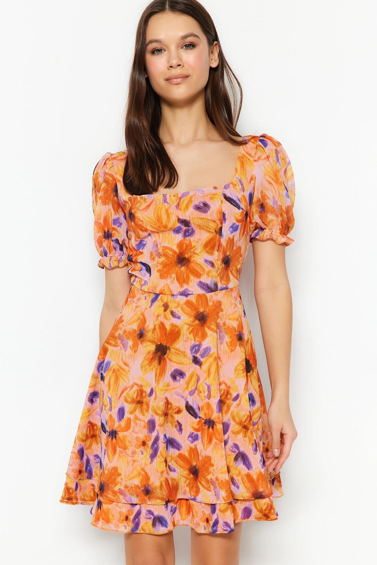 Orange Floral Skater Dress, , large image number 0