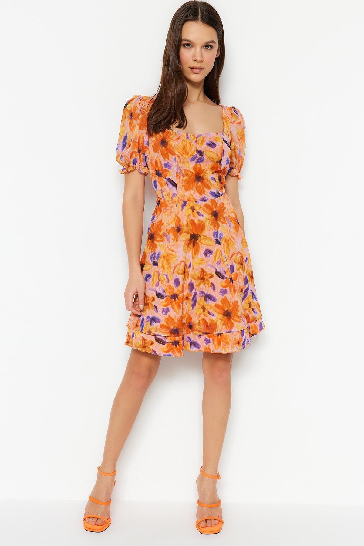 Orange Floral Skater Dress, , large image number 1