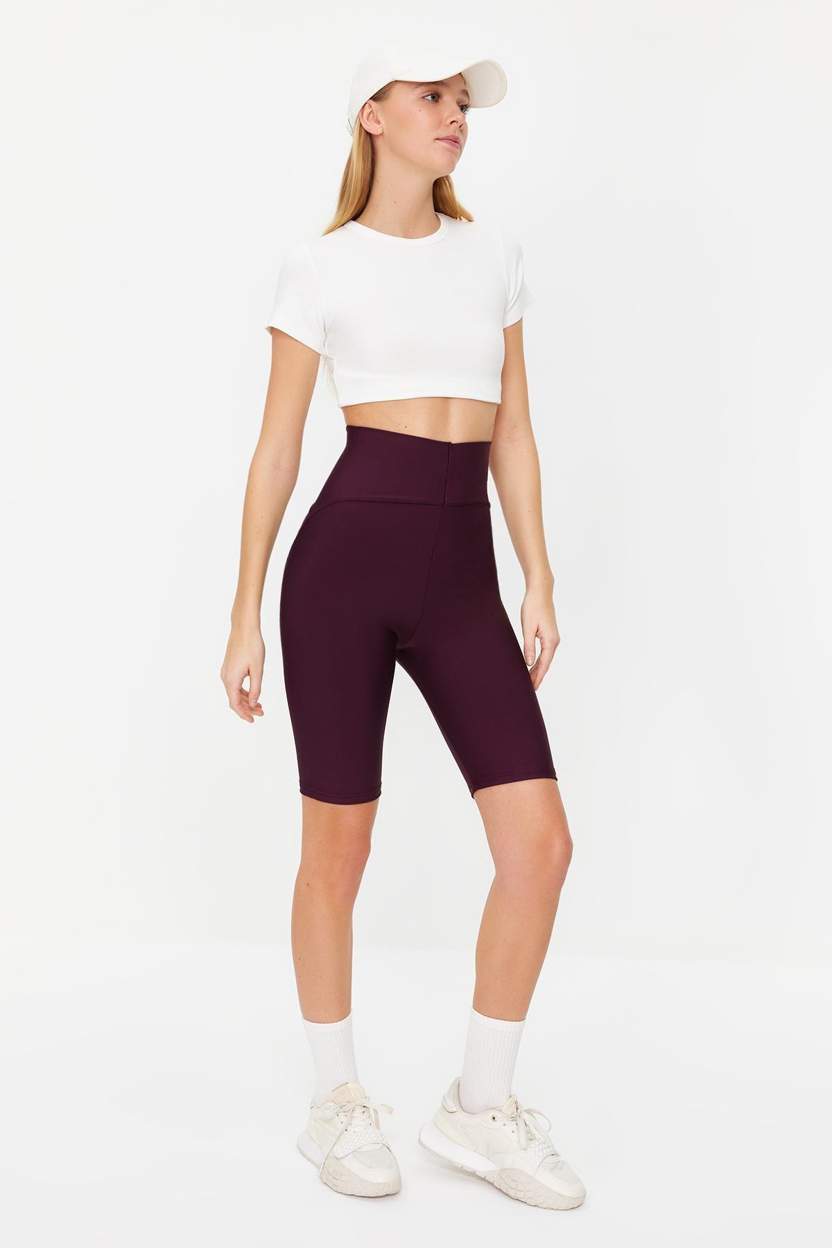 Burgundy Knitted Sports Biker Tights, , large image number 1