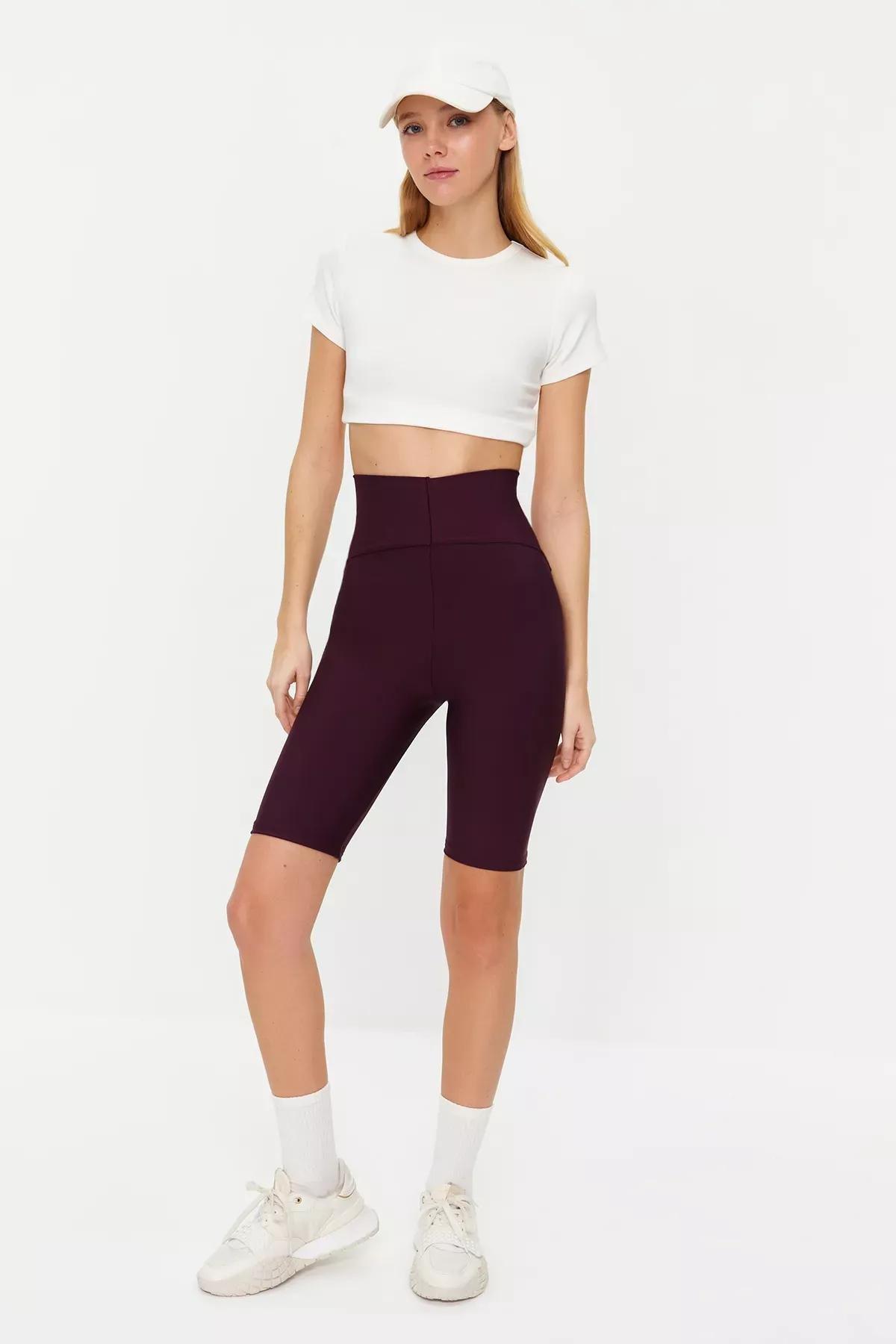 Burgundy Knitted Sports Biker Tights, DAMSON, medium