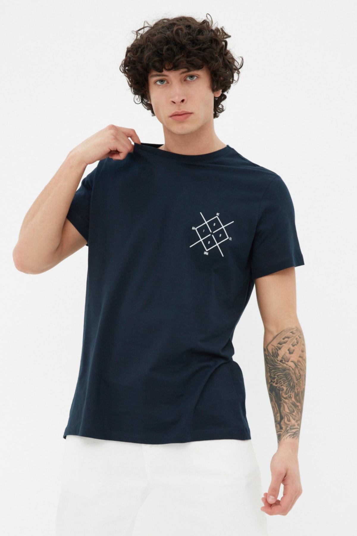 Navy Geometric Crew Neck Tshirt, , large image number 0