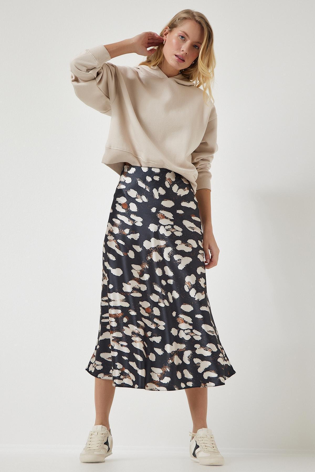 Gray Patterned Satin Midi Skirt, , large image number 0