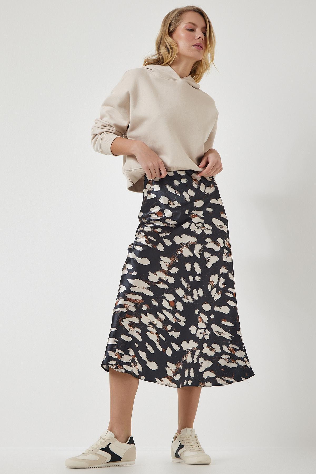 Gray Patterned Satin Midi Skirt, , large image number 1