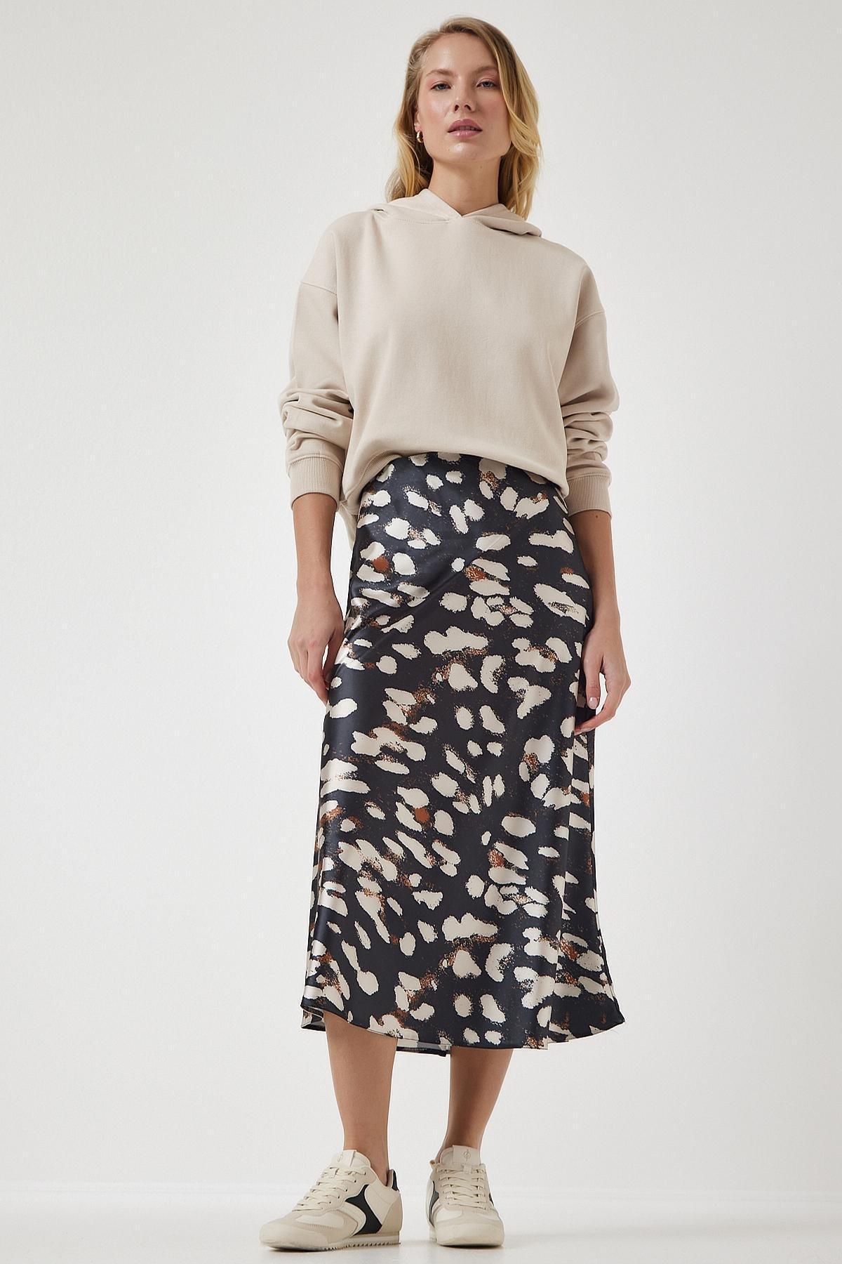 Gray Patterned Satin Midi Skirt, , large image number 2