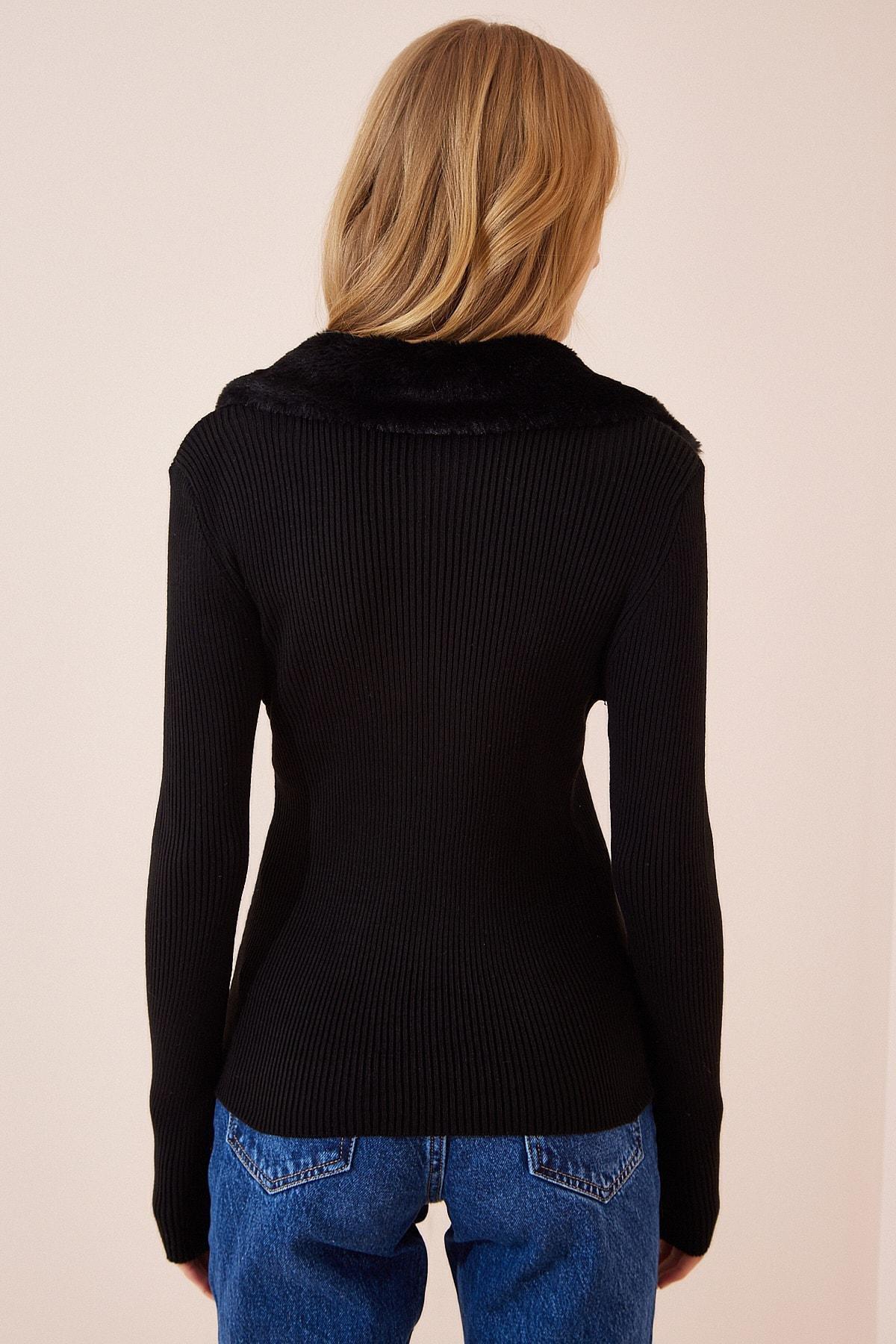 Black Faux Fur Collar Sweater, BLACK, large image number 3