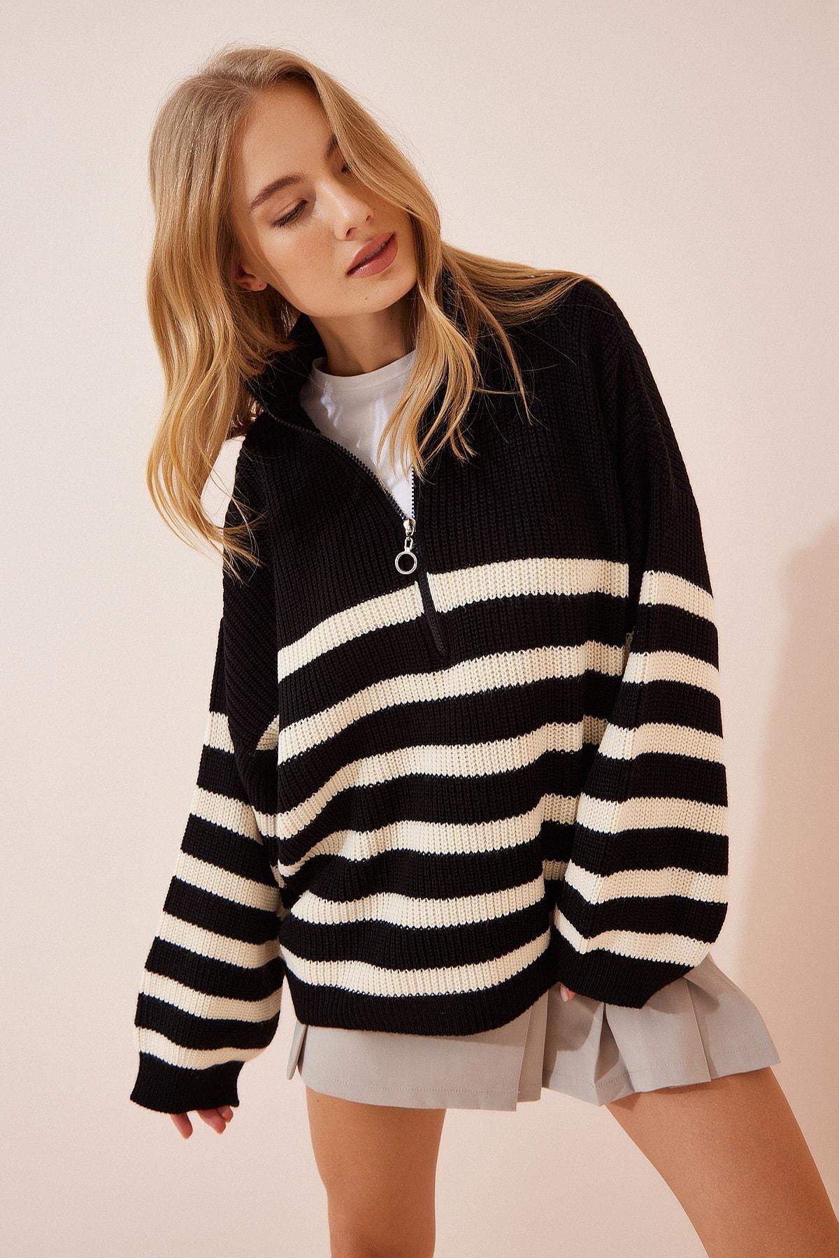 Black Striped Oversize Sweater, BLACK, large image number 0