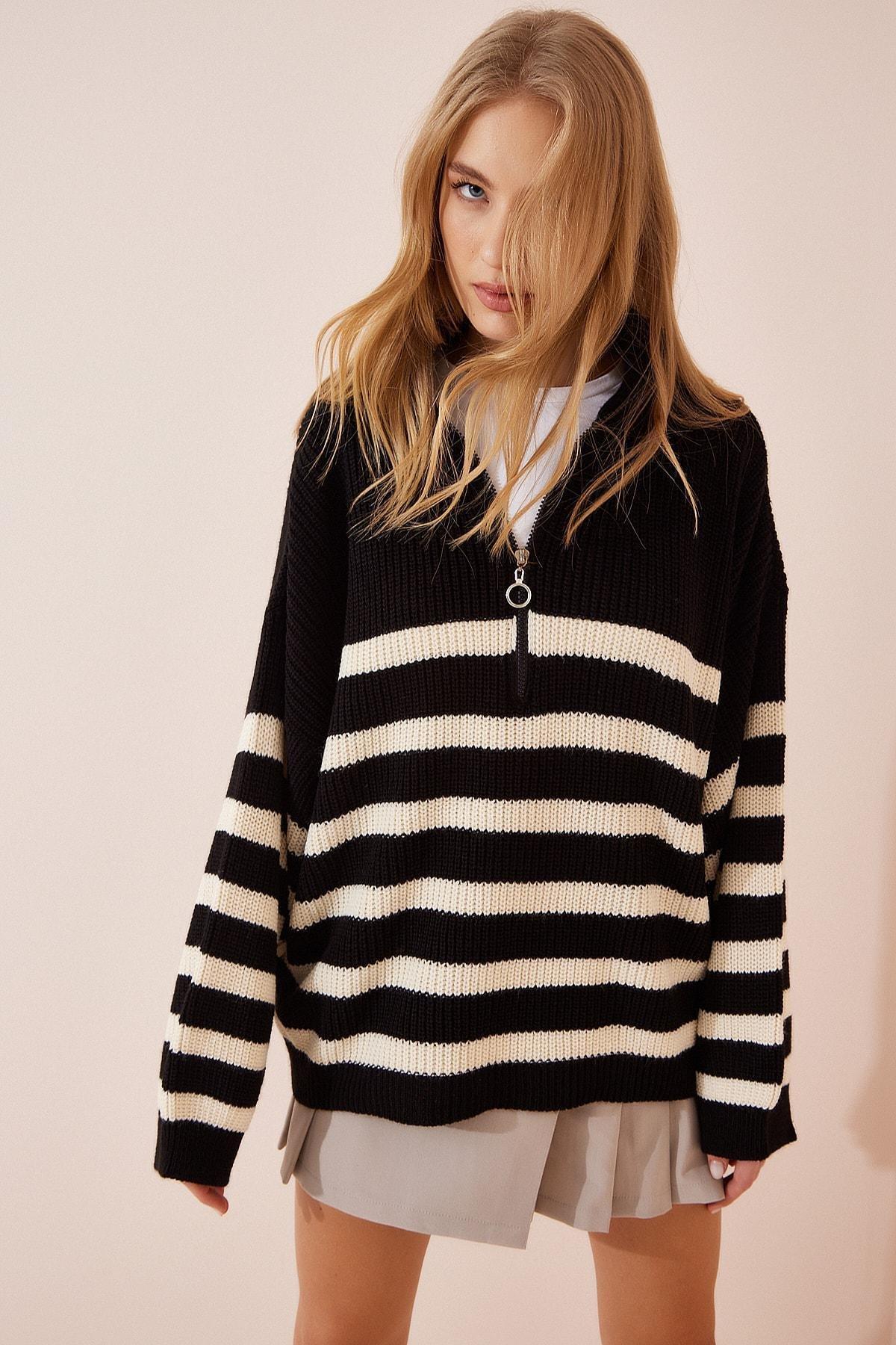 Black Striped Oversize Sweater, BLACK, large image number 1