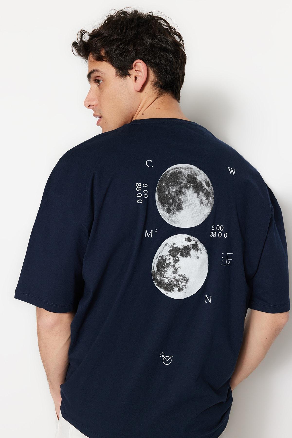 Navy Printed Oversize T-Shirt, , large image number 0