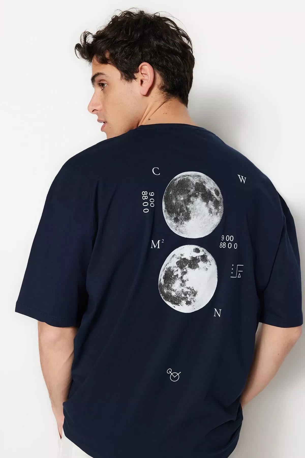 Navy Printed Oversize T-Shirt, , medium