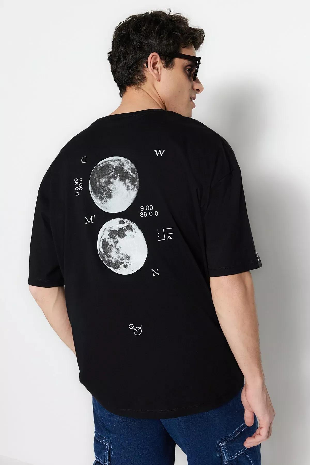 Black Printed Oversize T-Shirt, Black, medium