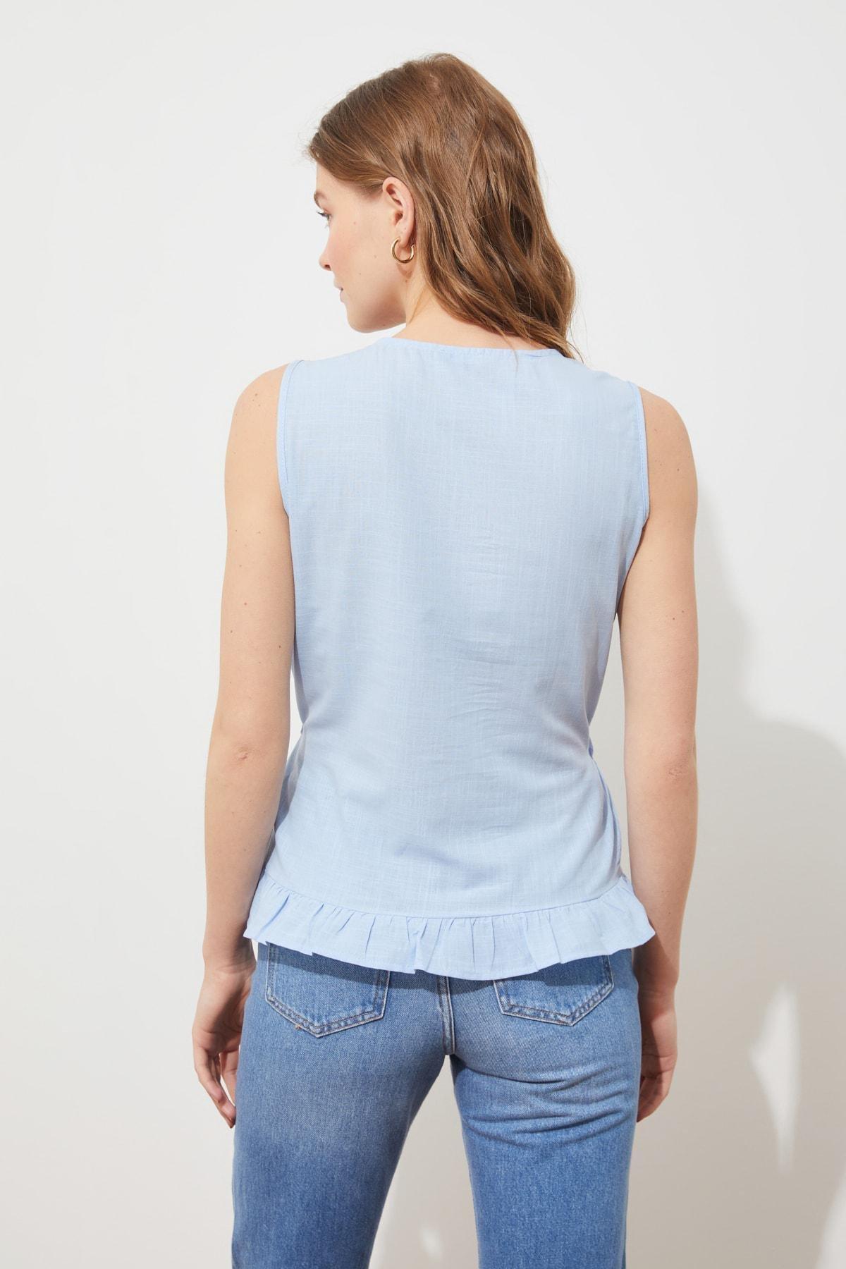 Blue V-Neck Cotton Blouse, Blue, large image number 4