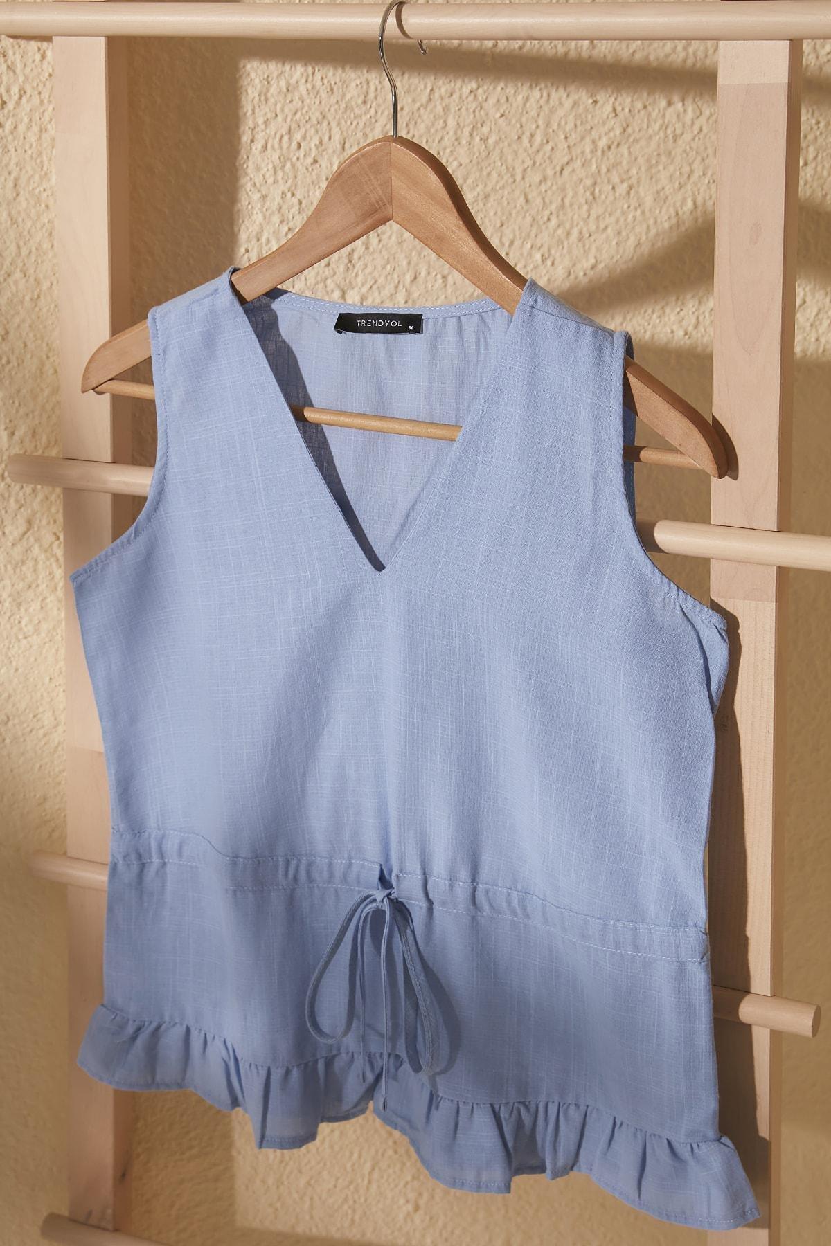 Blue V-Neck Cotton Blouse, Blue, large image number 5