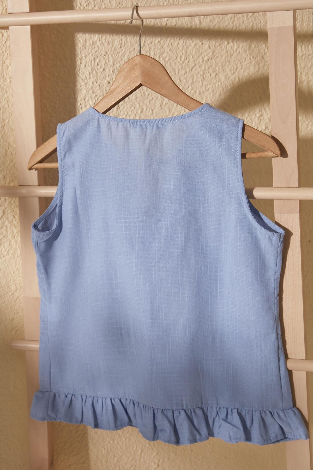 Blue V-Neck Cotton Blouse, Blue, large image number 7
