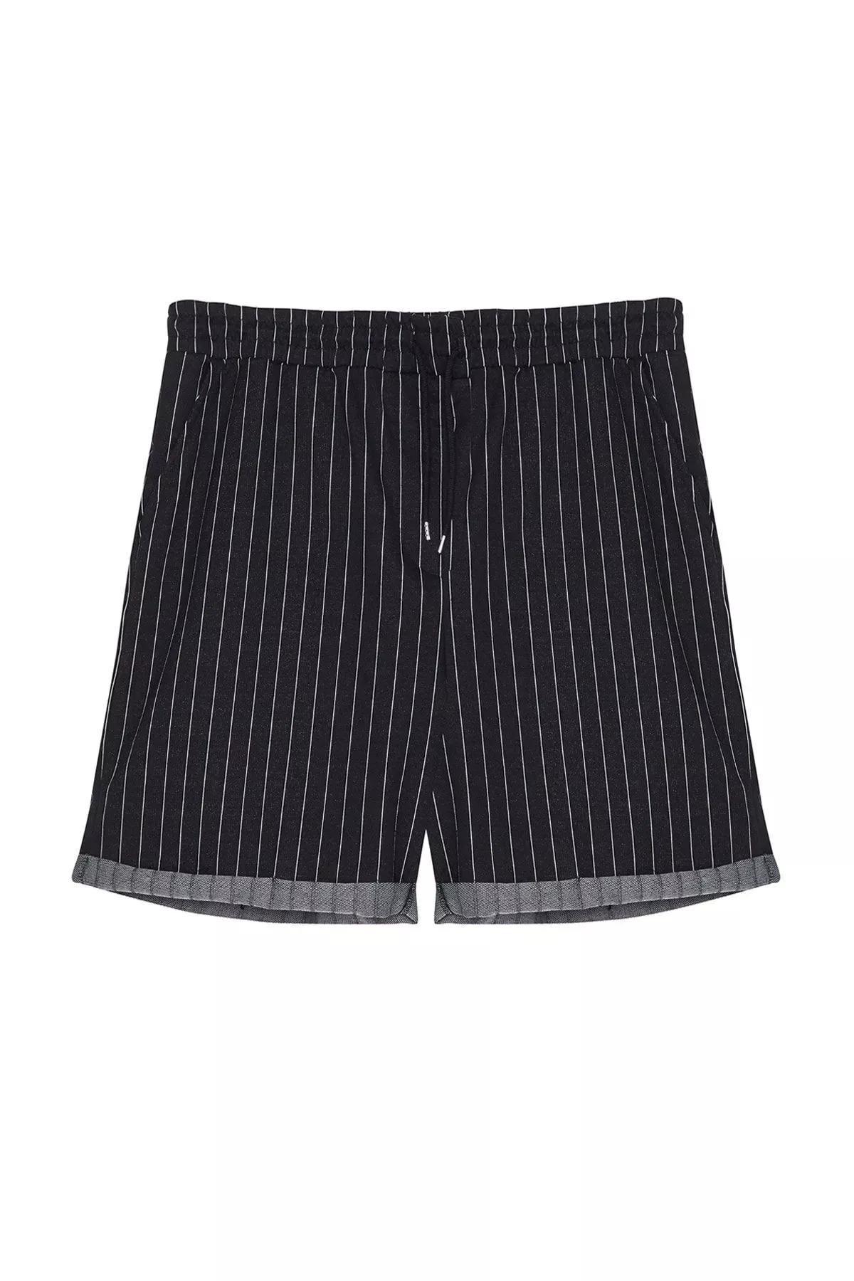 Black Striped Normal Waist Shorts, Black, large image number 12
