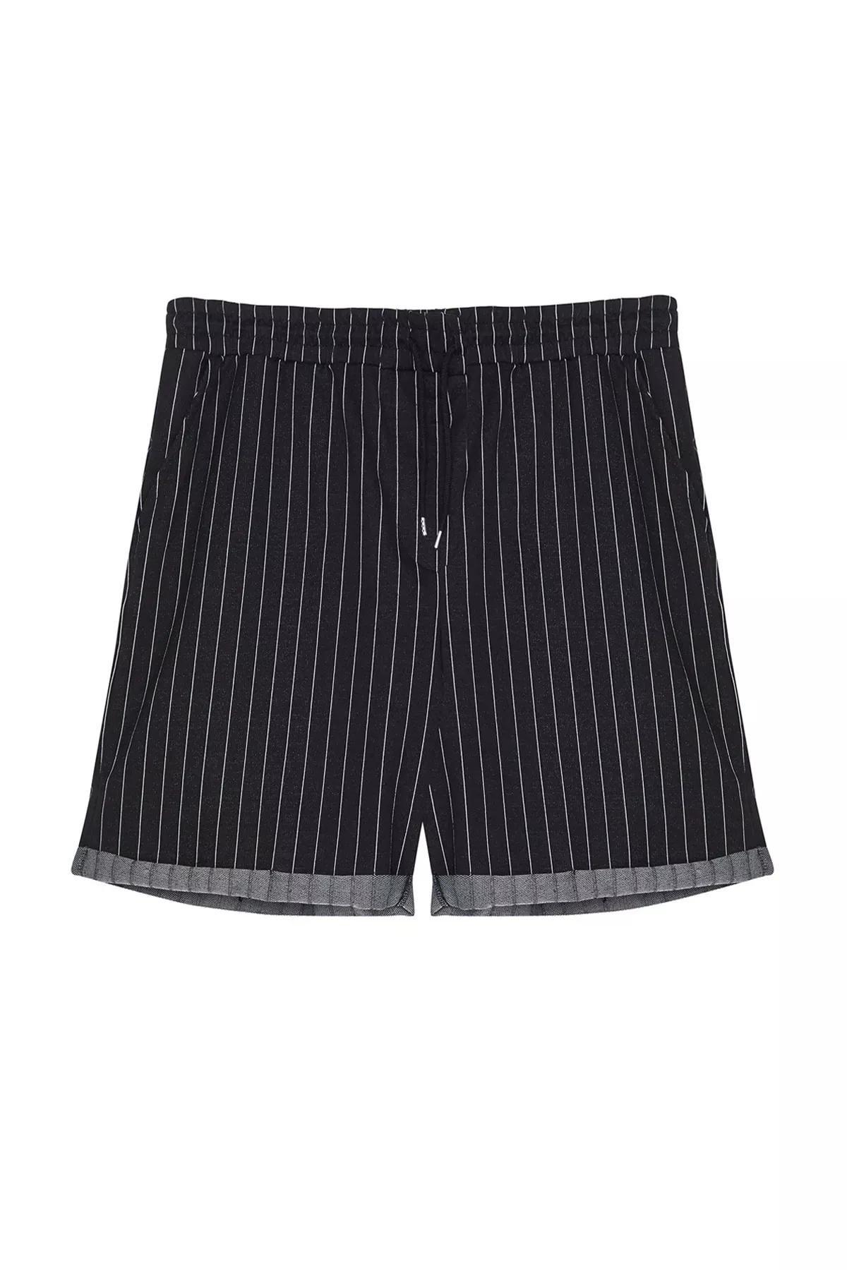 Black Striped Normal Waist Shorts, Black, large image number 14