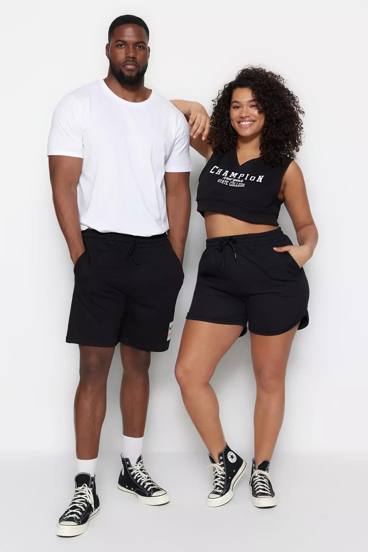 شورت للمقاسات الكبيرة مزين بطبعة، أسود, Black, medium