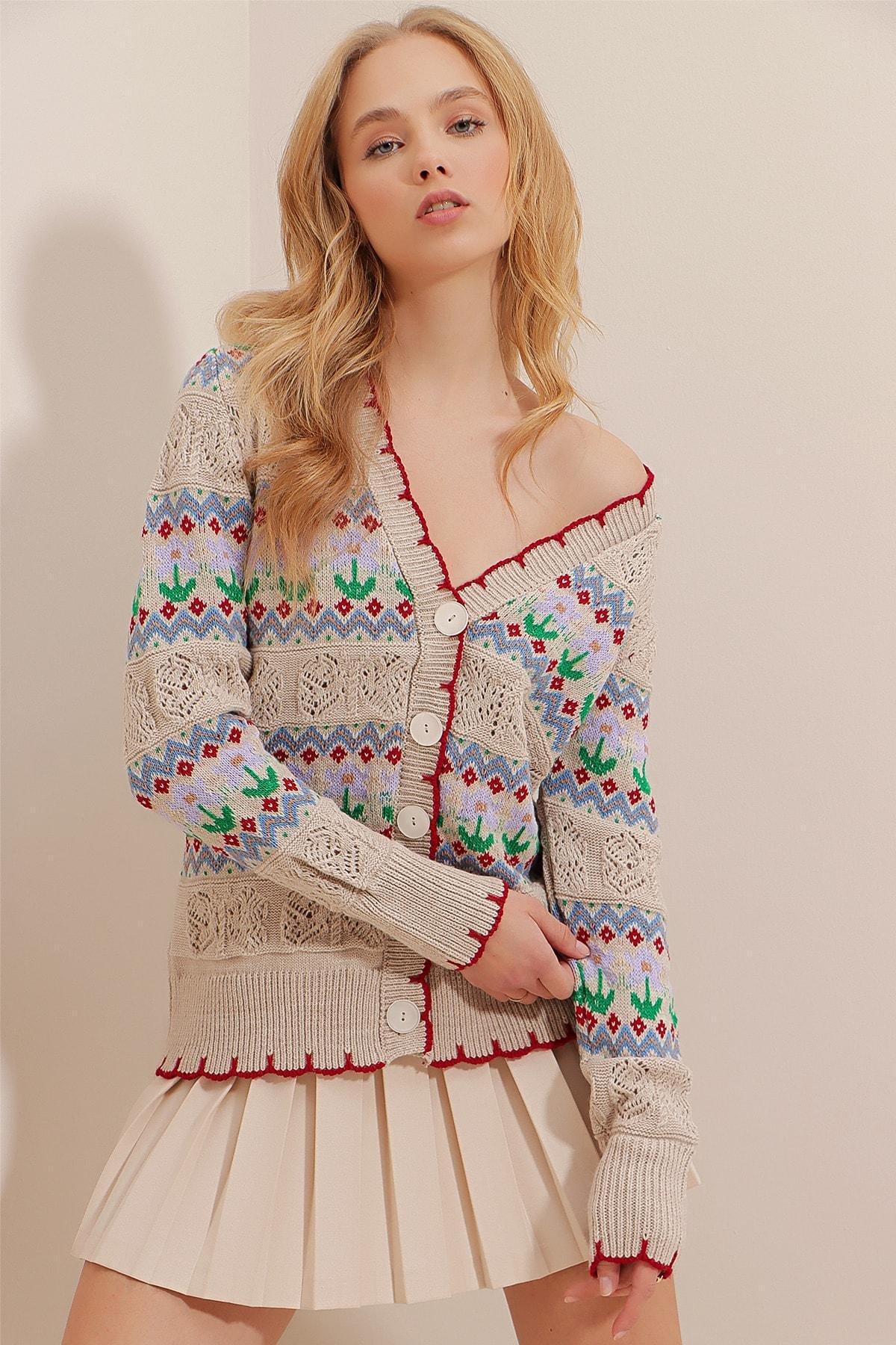 Beige Geometric Pattern Cardigan, Beige, large image number 0