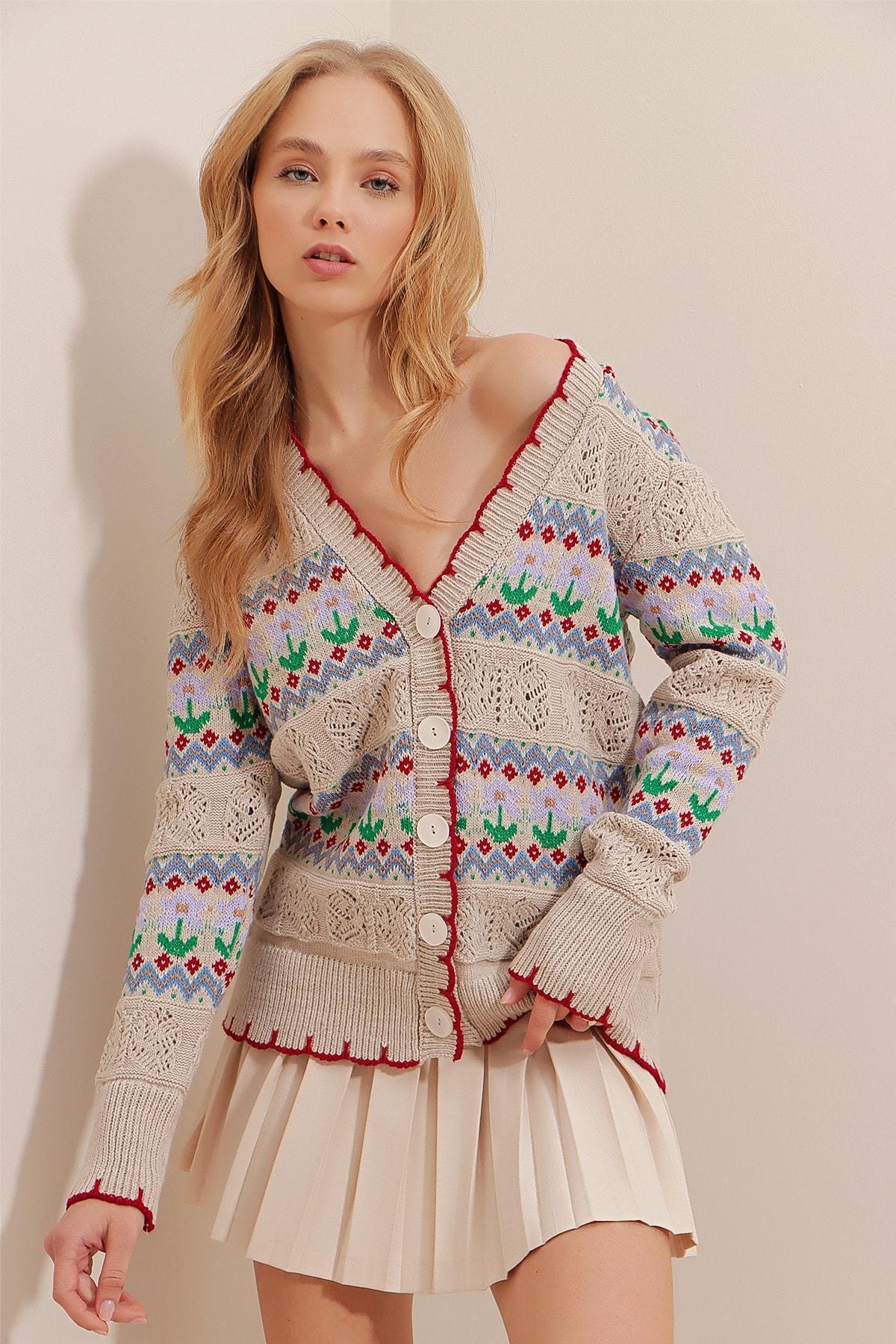 Beige Geometric Pattern Cardigan, Beige, large image number 1