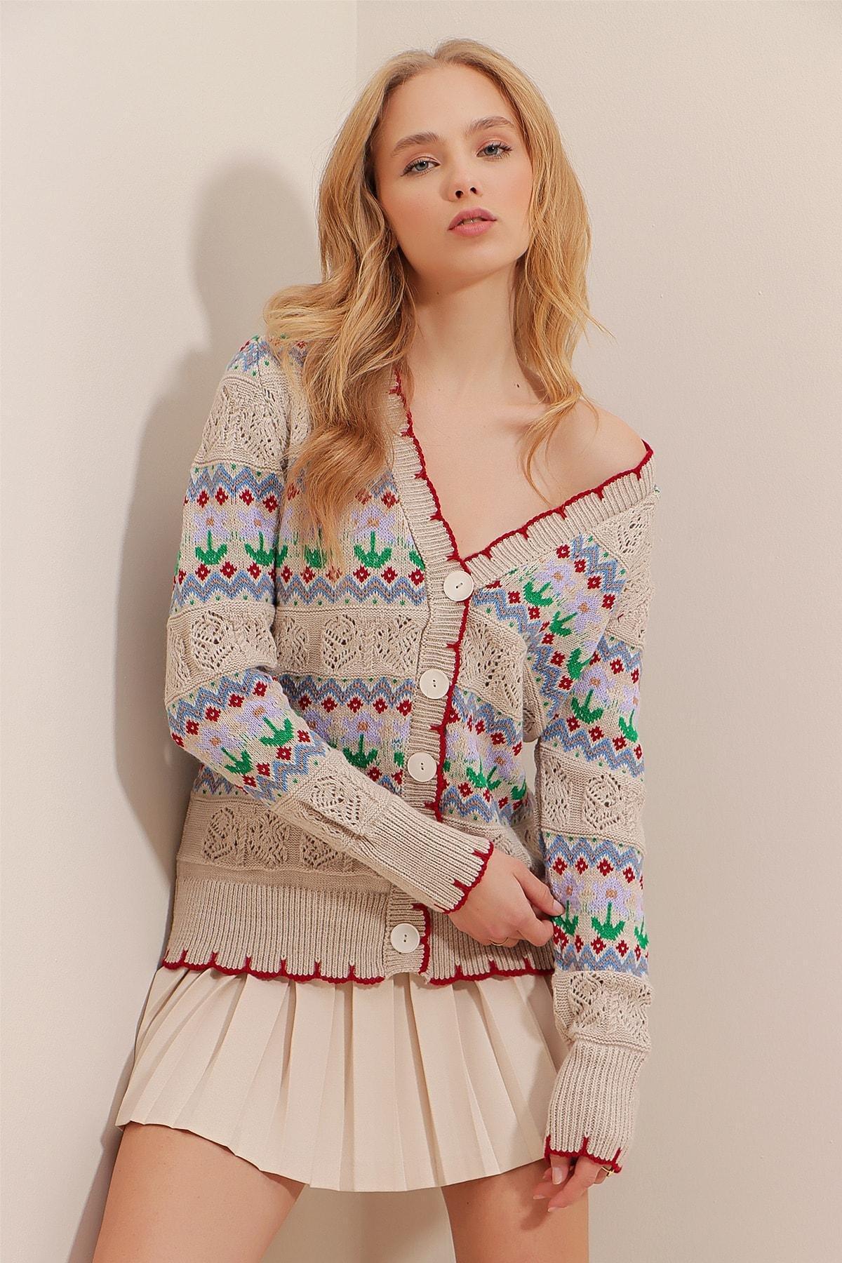 Beige Geometric Pattern Cardigan, Beige, large image number 2