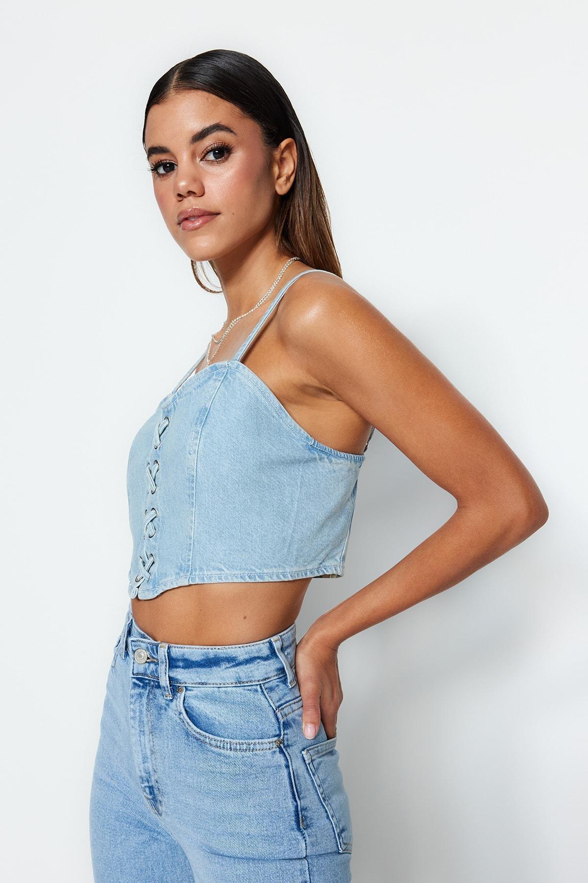 Blue Denim Crop Top, , large image number 1