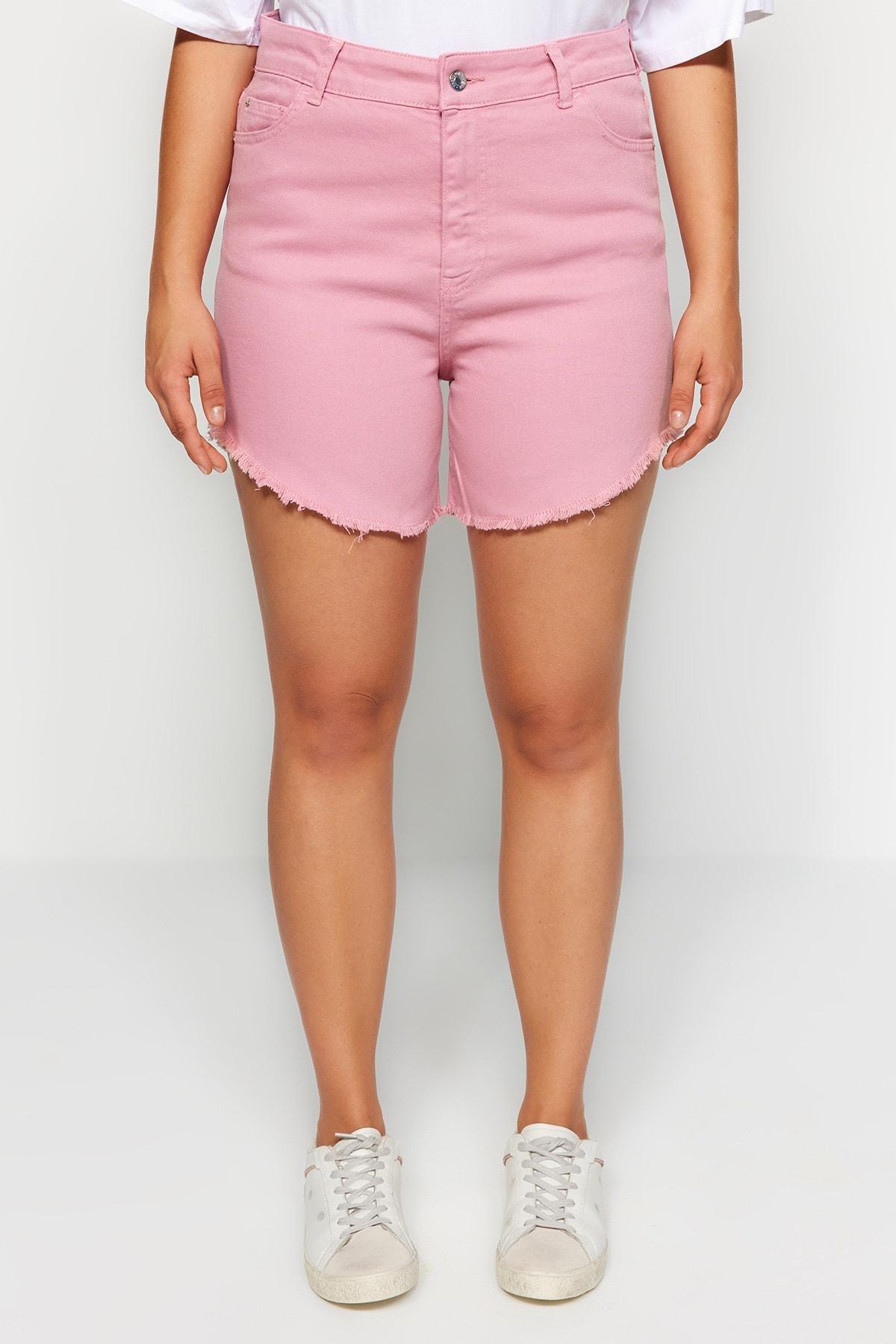 Pink Flexible Skinny Denim Shorts With Tassels, , large image number 0