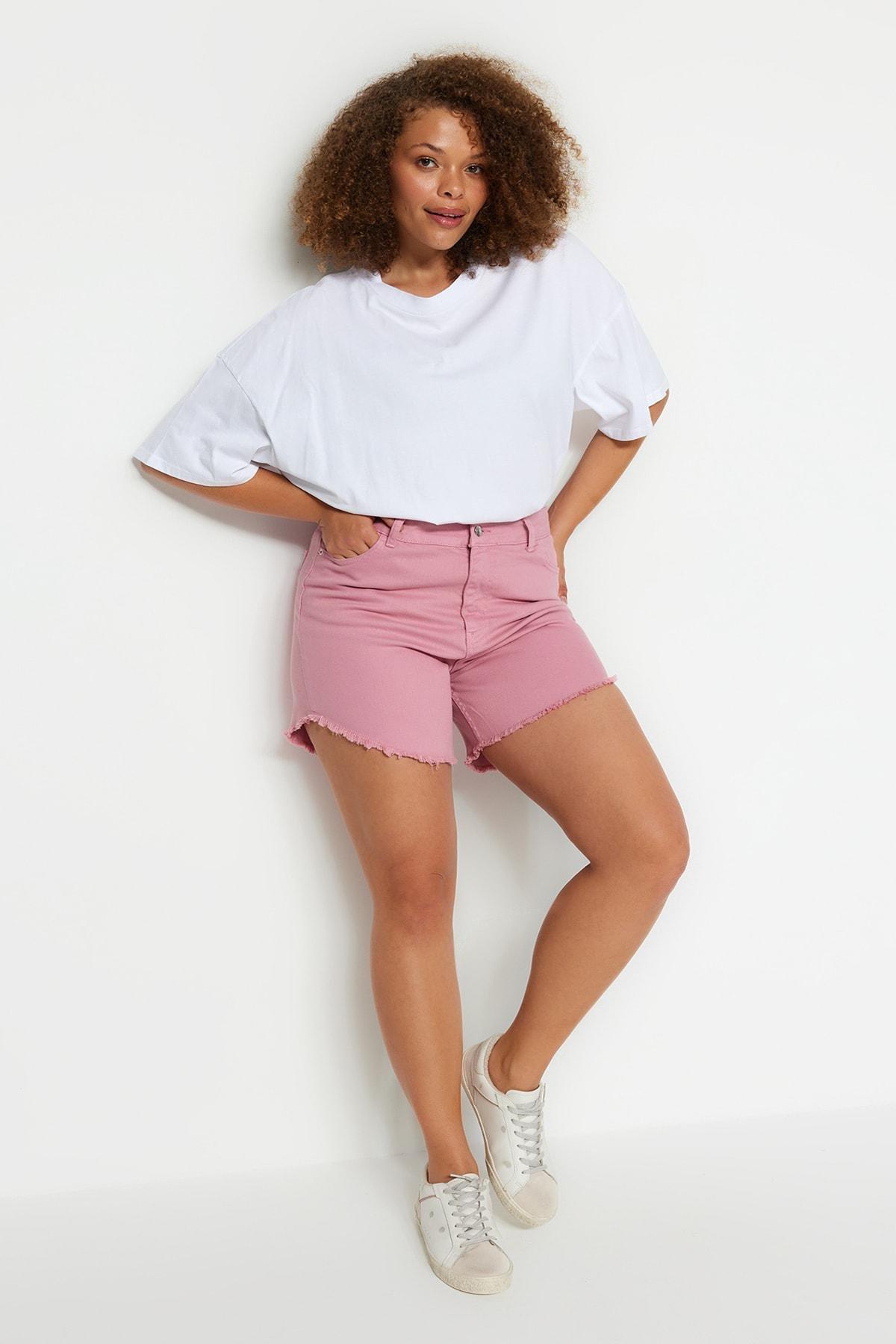 Pink Flexible Skinny Denim Shorts With Tassels, , large image number 1
